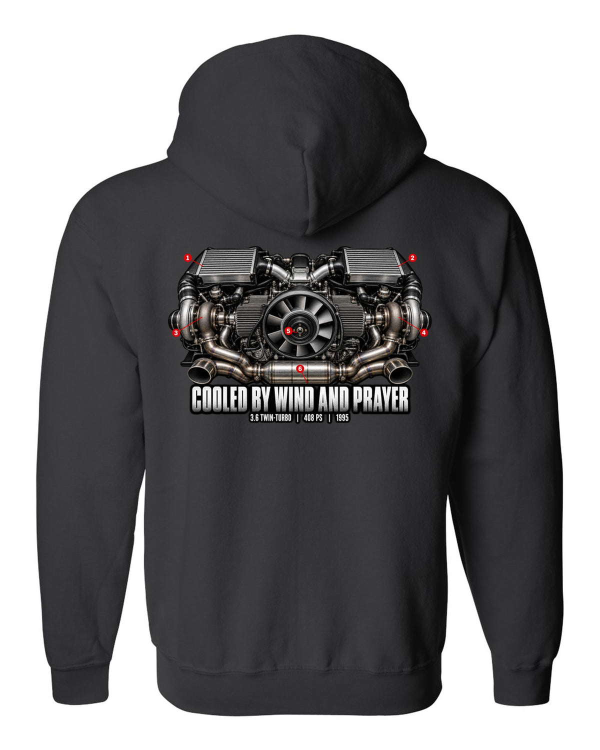 Engine hero print of the Porsche 911 Turbo (993) air-cooled twin-turbo flat-six with the line Cooled By Wind And Prayer black zip hoodie back view with the design