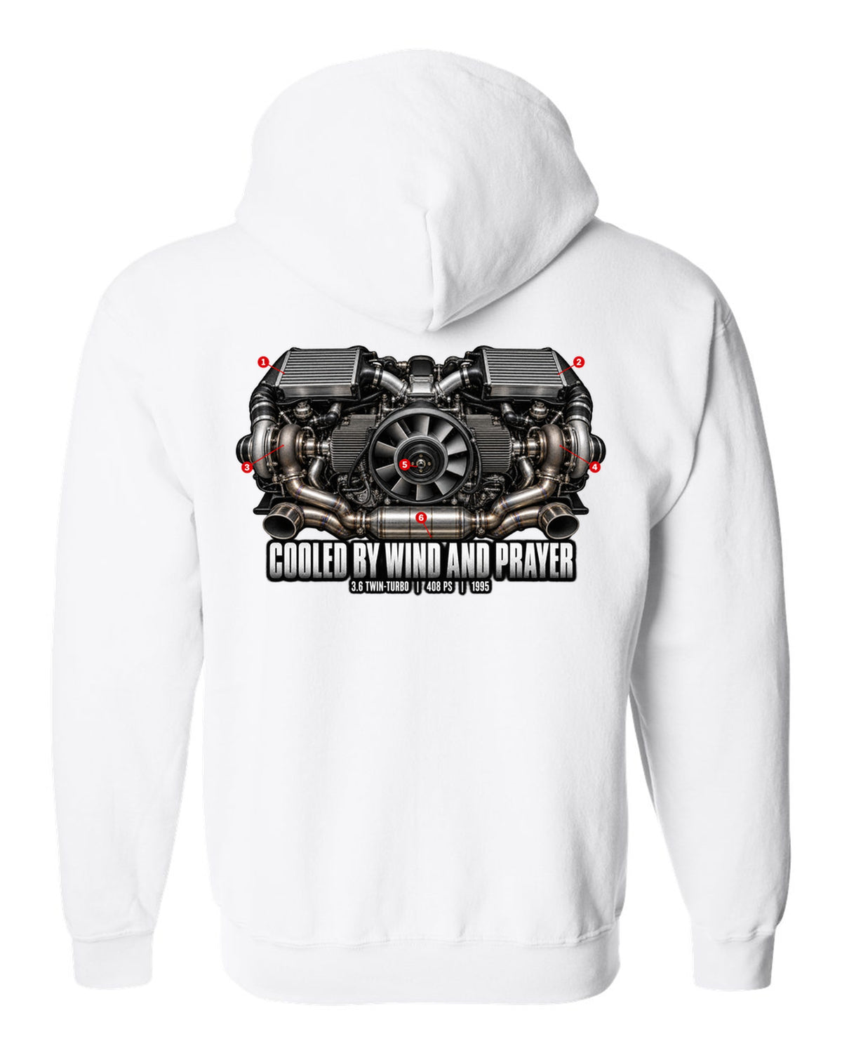 Engine hero print of the Porsche 911 Turbo (993) air-cooled twin-turbo flat-six with the line Cooled By Wind And Prayer white zip hoodie back view with the design