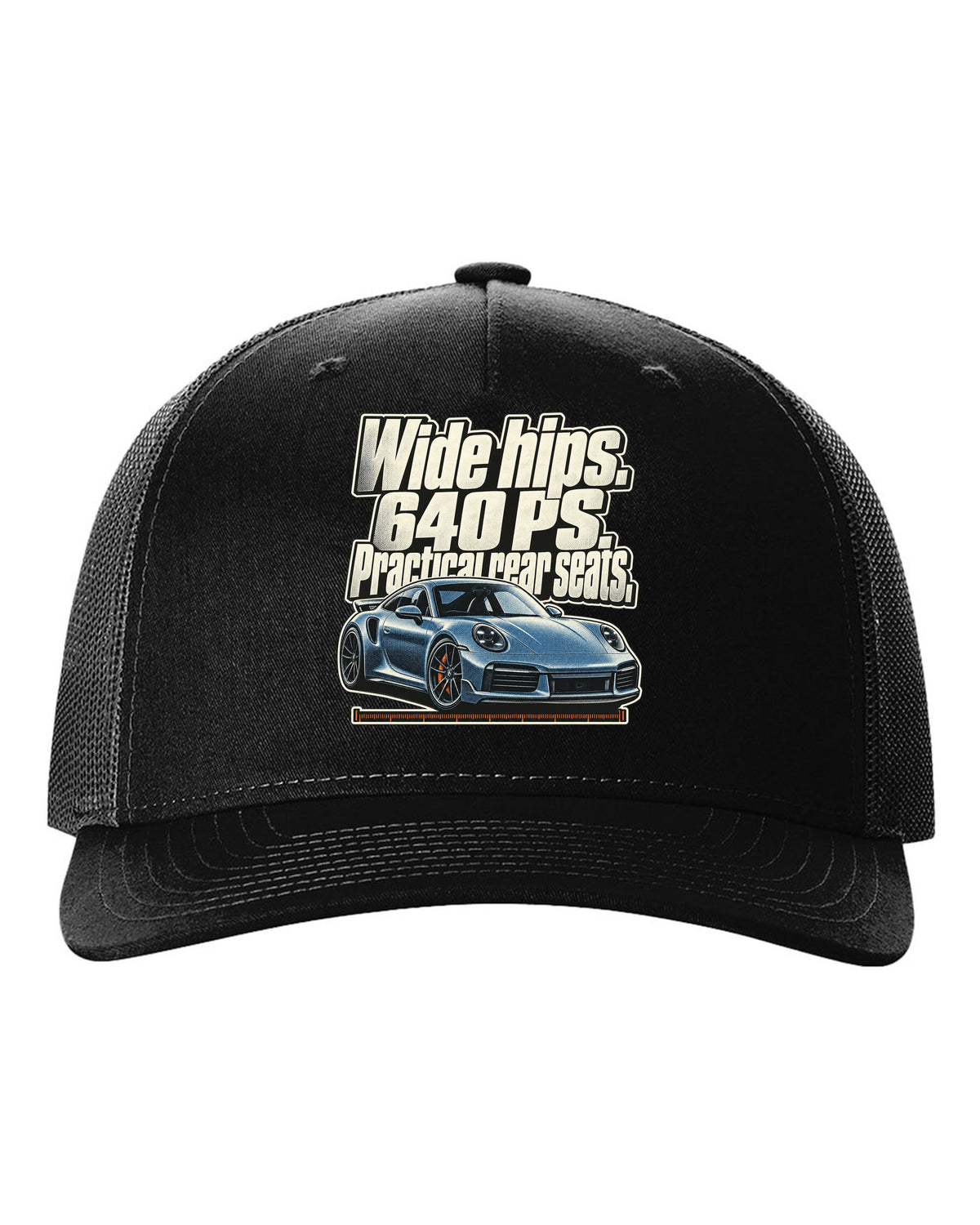 Halftone print of a Porsche 911 Turbo S 992 coupe with a three-line statement black hat front view with the design