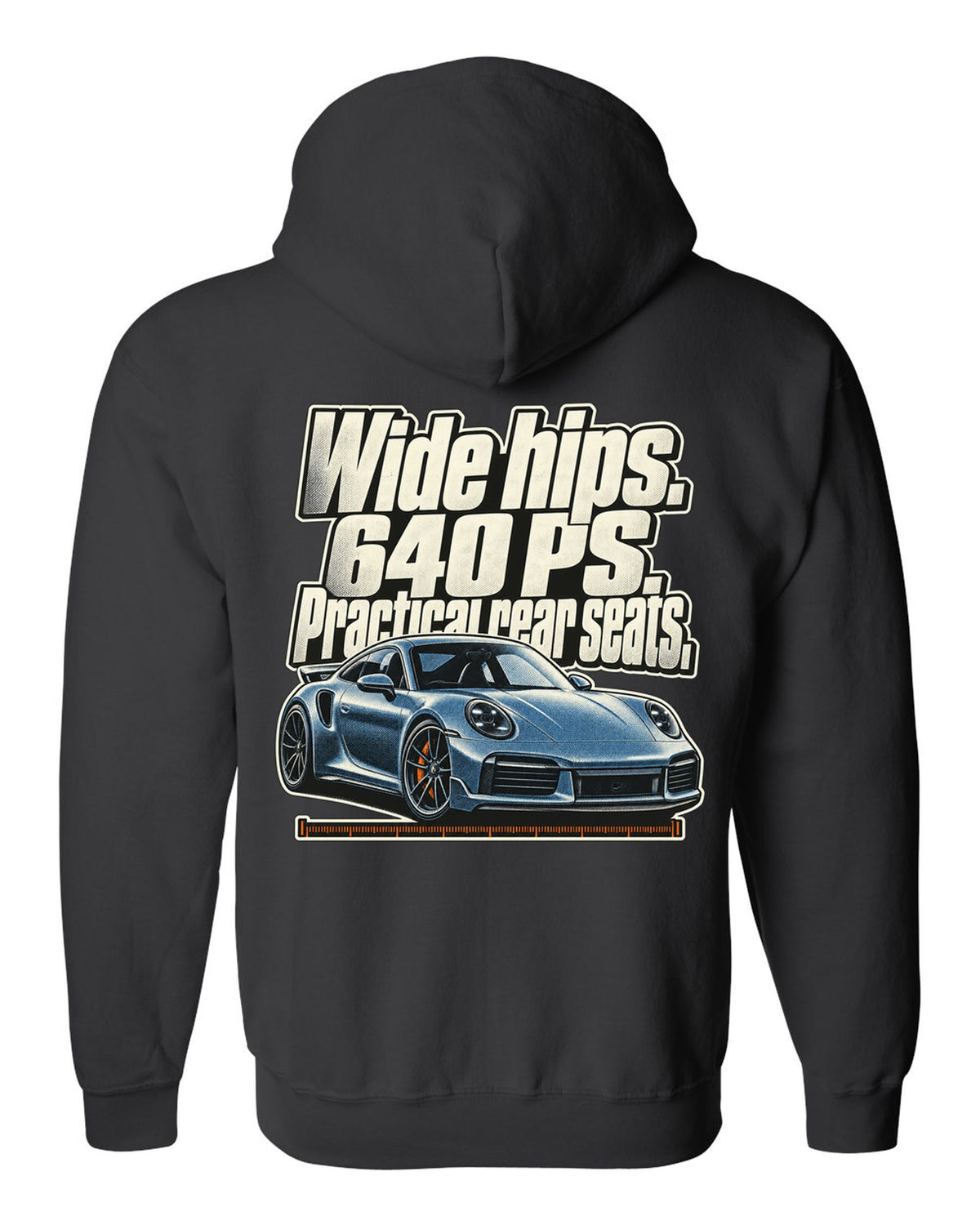 Halftone print of a Porsche 911 Turbo S 992 coupe with a three-line statement black zip hoodie back view with the design