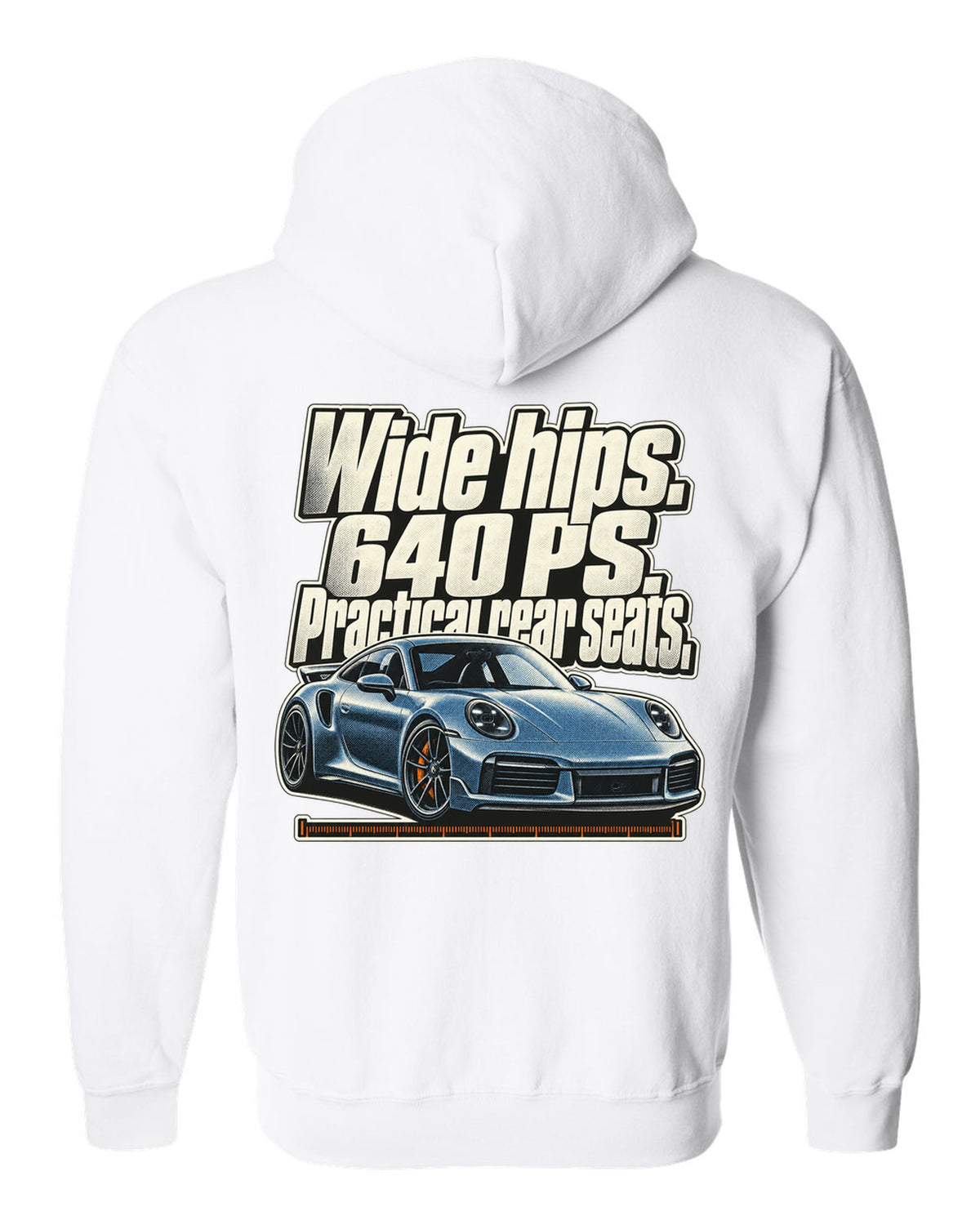 Halftone print of a Porsche 911 Turbo S 992 coupe with a three-line statement white zip hoodie back view with the design