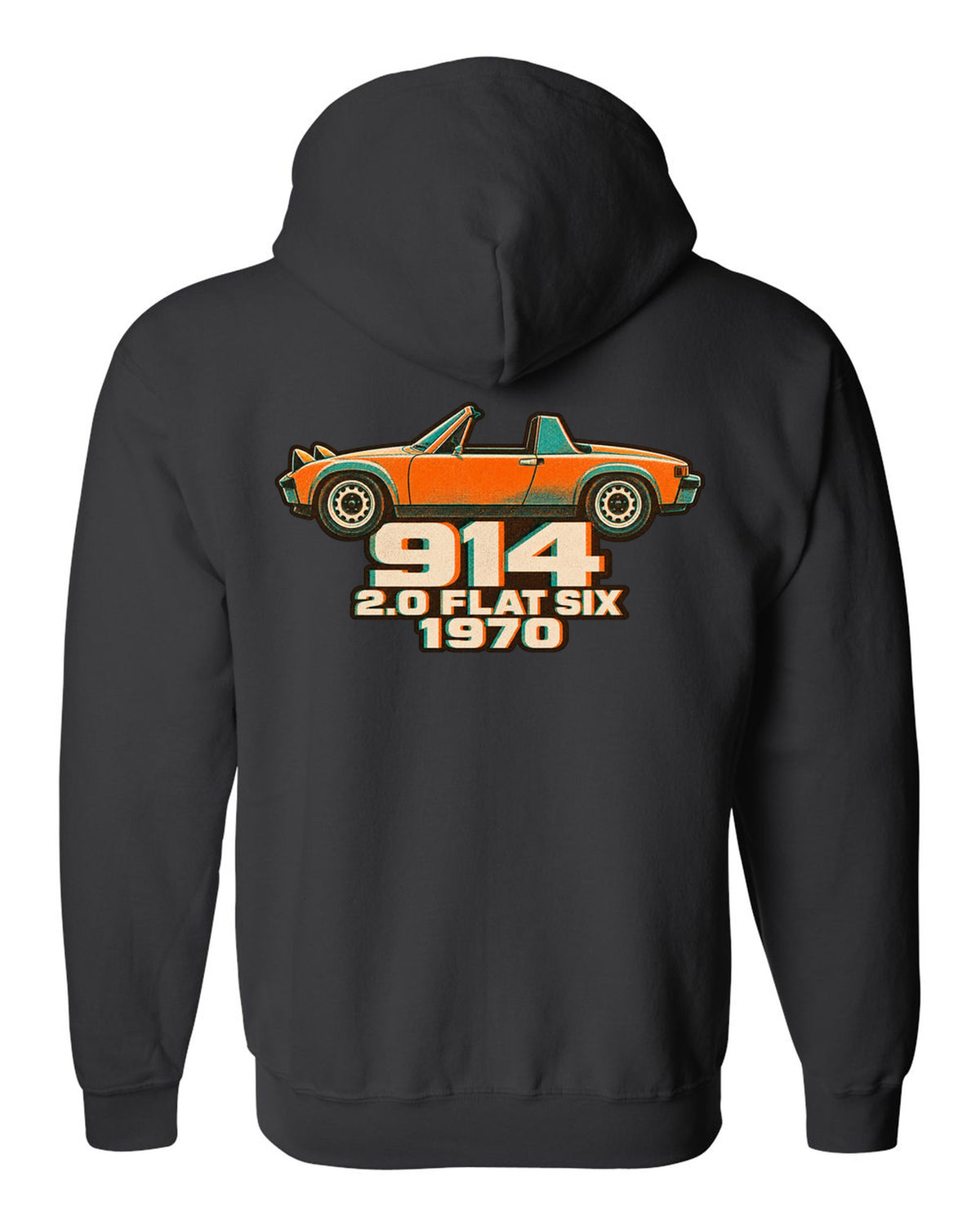 Porsche 914/6 risograph two-colour design with 2.0 flat six lettering black zip hoodie back view with the design