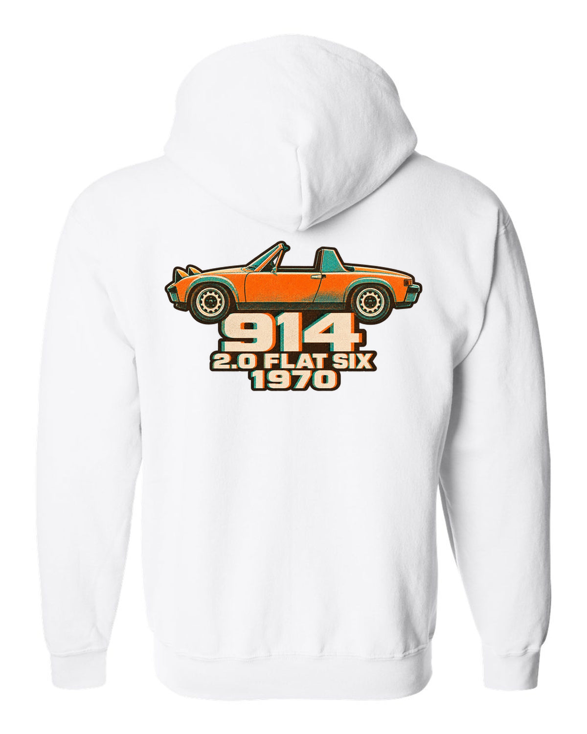 Porsche 914/6 risograph two-colour design with 2.0 flat six lettering white zip hoodie back view with the design