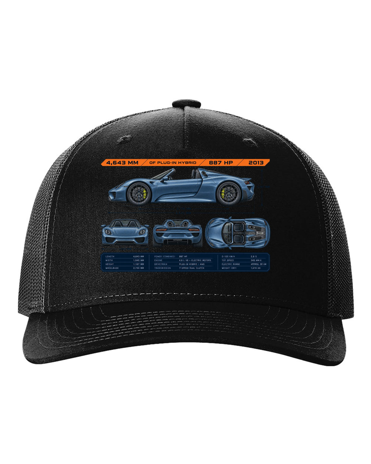 Porsche 918 Spyder dimension blueprint print design black hat front view with the design