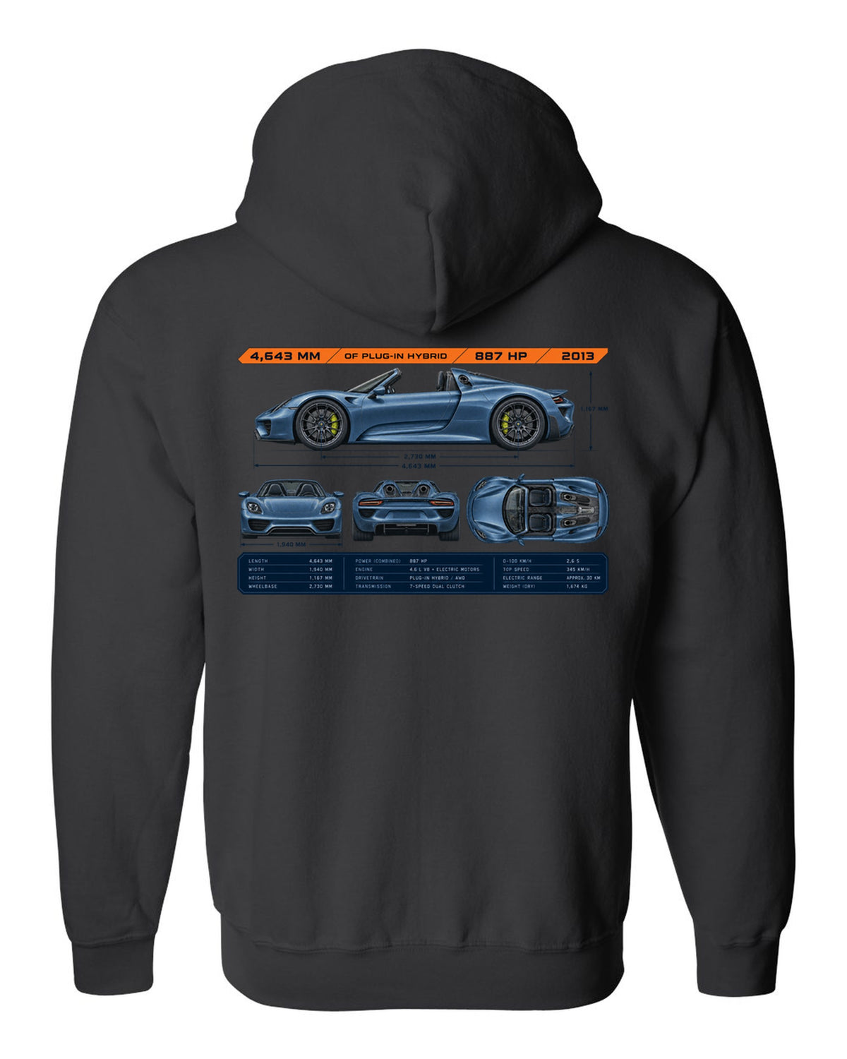 Porsche 918 Spyder dimension blueprint print design black zip hoodie back view with the design
