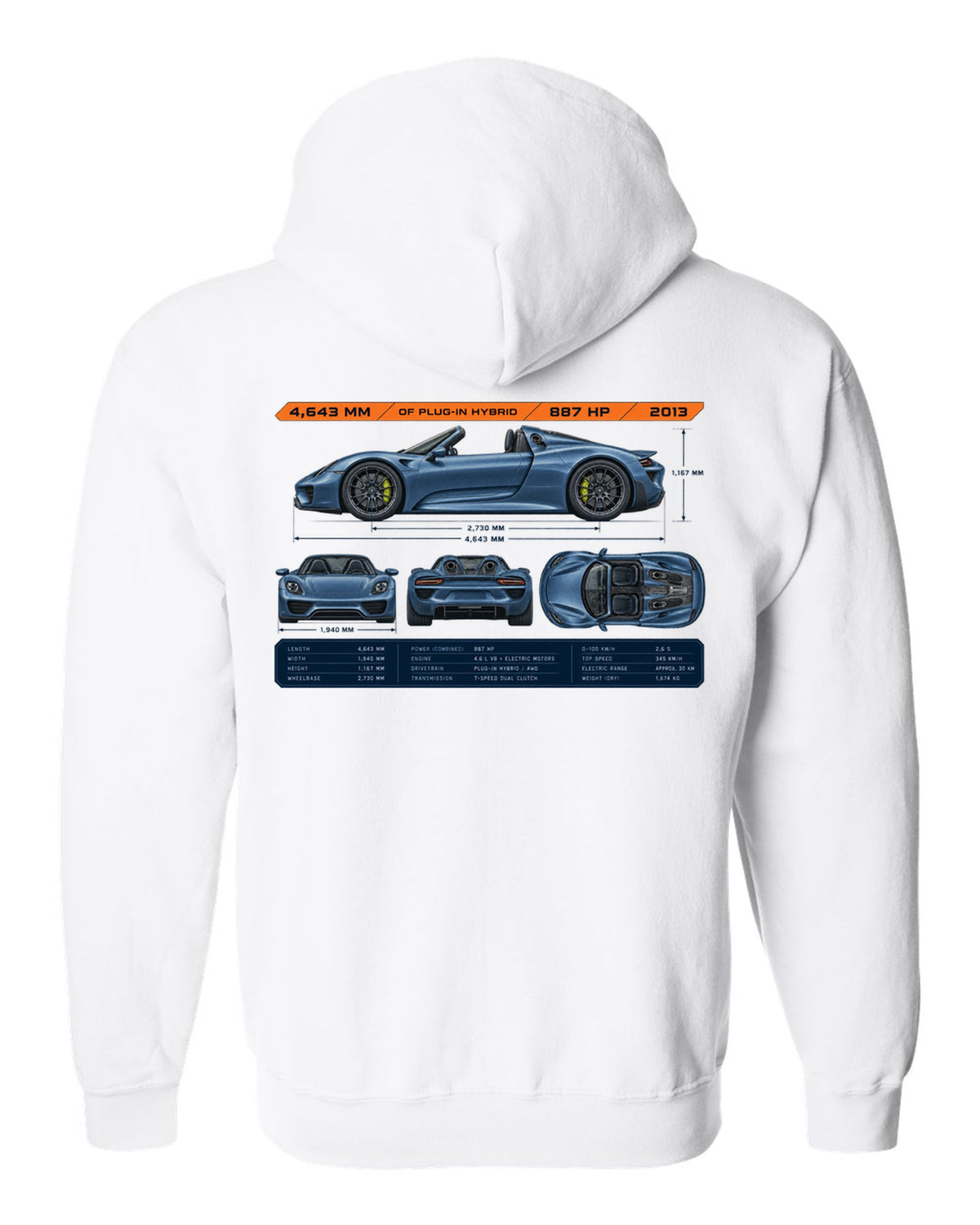 Porsche 918 Spyder dimension blueprint print design white zip hoodie back view with the design