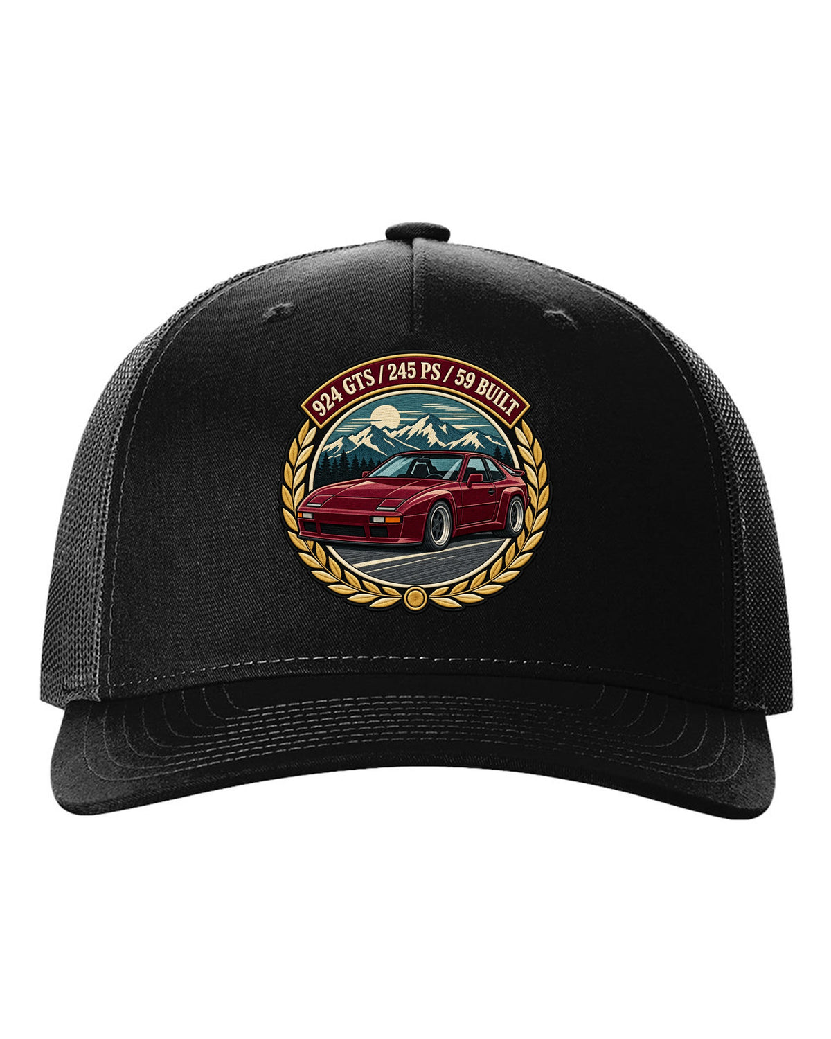 Embroidery-style racing crest for the Porsche 924 GTS with 245 PS and 59 built lettering black hat front view with the design