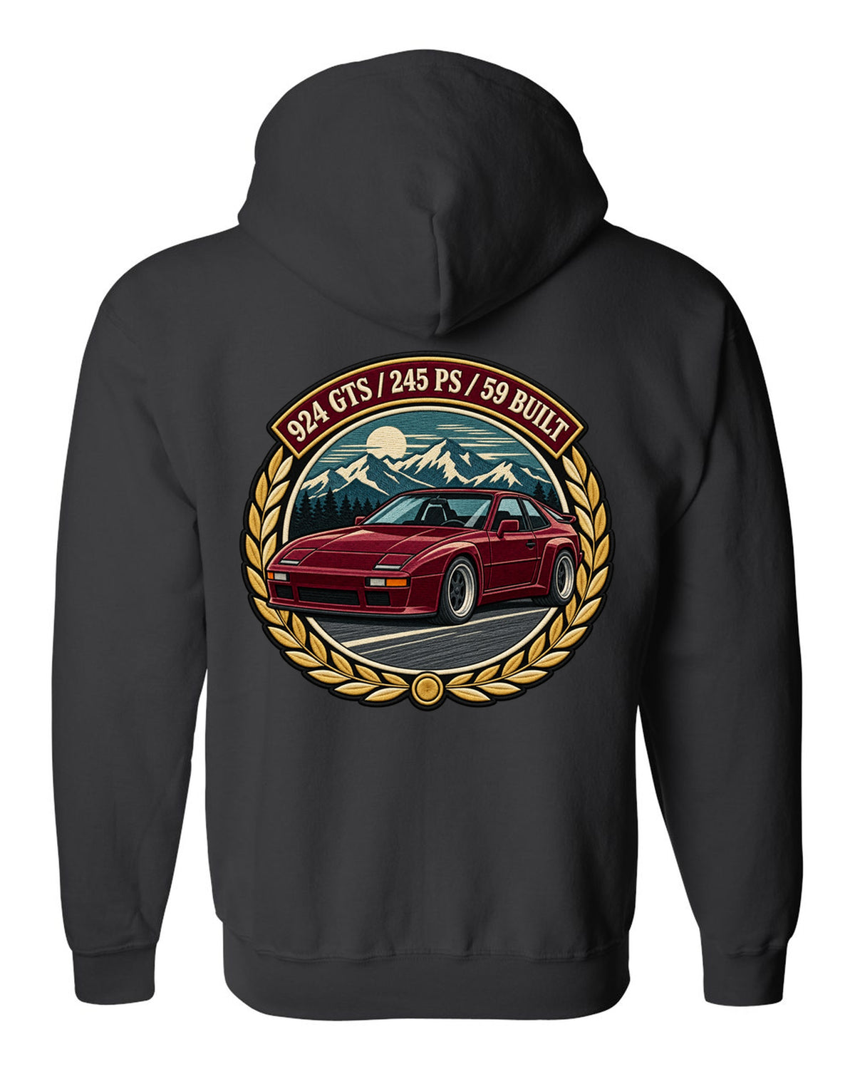 Embroidery-style racing crest for the Porsche 924 GTS with 245 PS and 59 built lettering black zip hoodie back view with the design