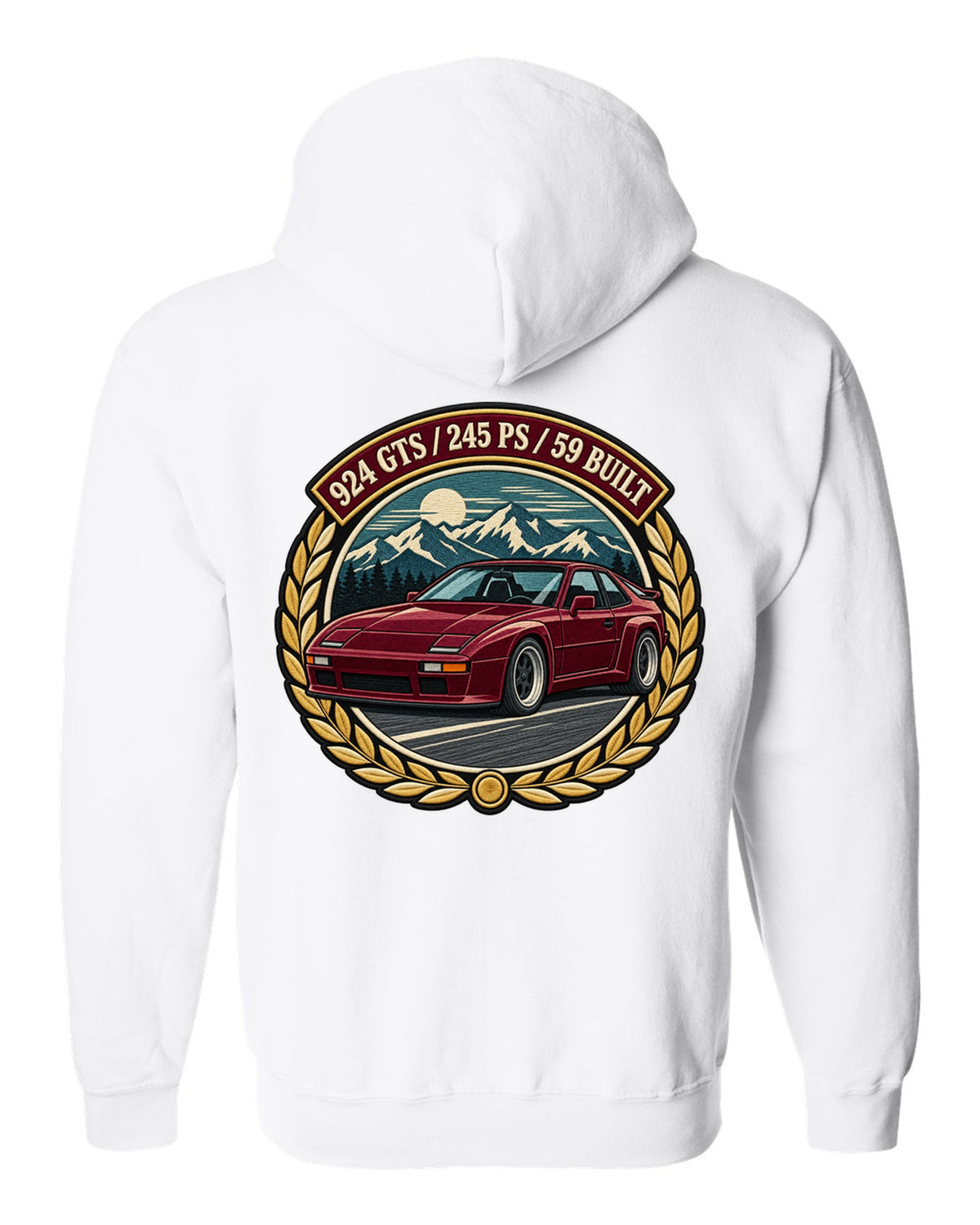 Embroidery-style racing crest for the Porsche 924 GTS with 245 PS and 59 built lettering white zip hoodie back view with the design