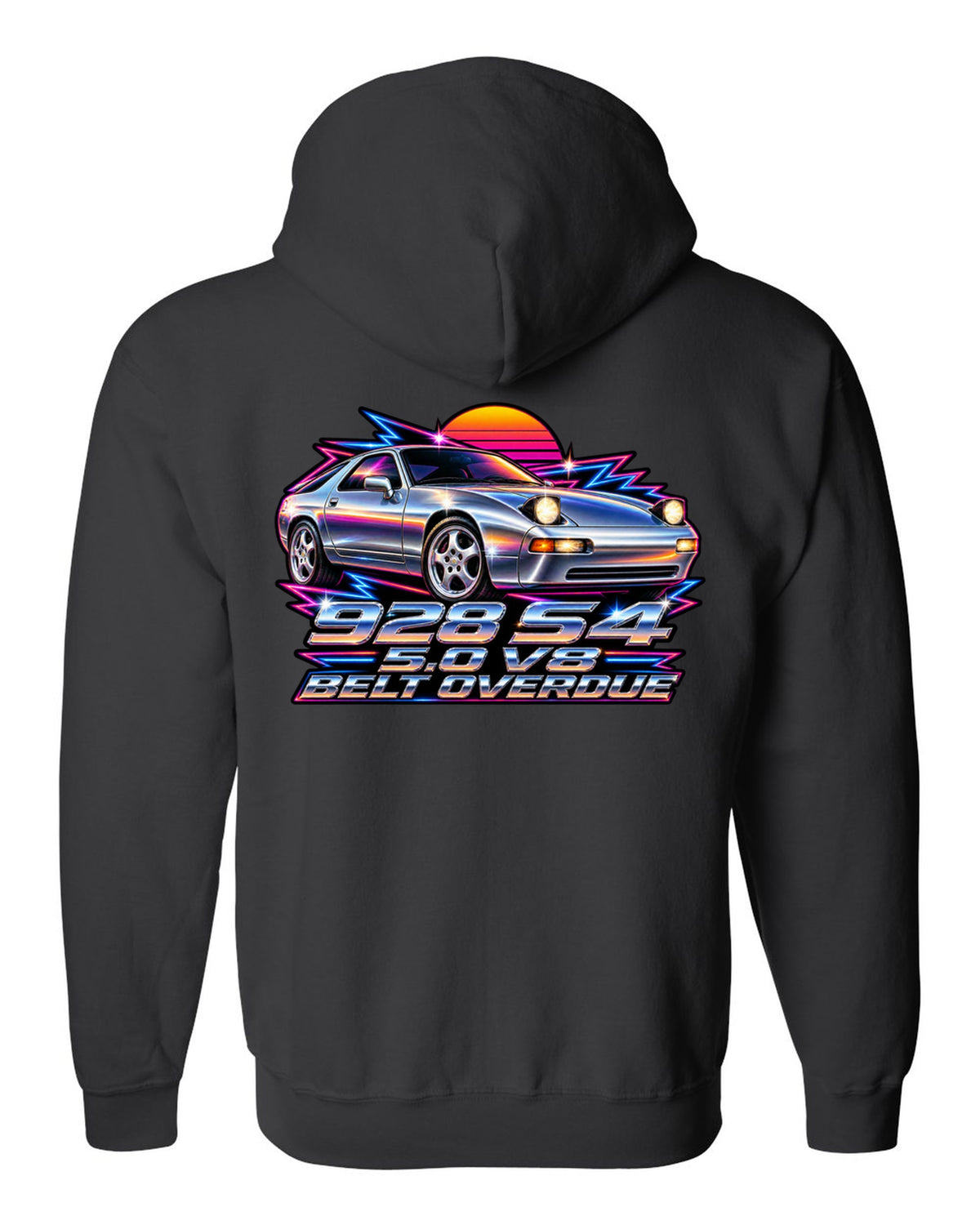 Porsche 928 S4 80s airbrush chrome design with pop-up headlights black zip hoodie back view with the design