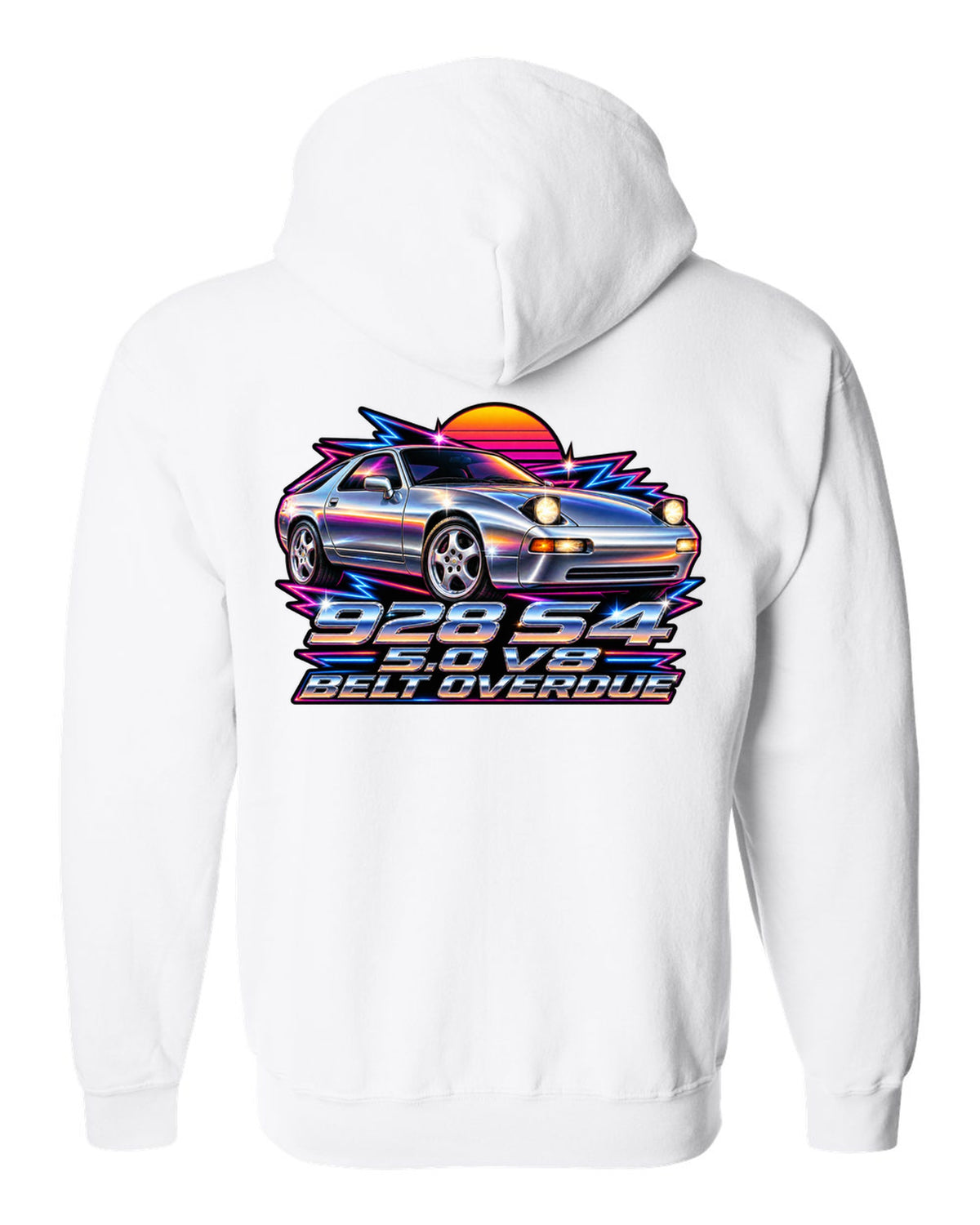 Porsche 928 S4 80s airbrush chrome design with pop-up headlights white zip hoodie back view with the design