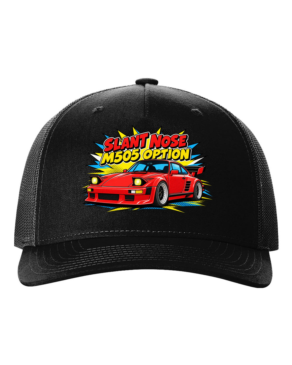 Porsche 930 Slant Nose pop-art halftone design with M505 option lettering black hat front view with the design