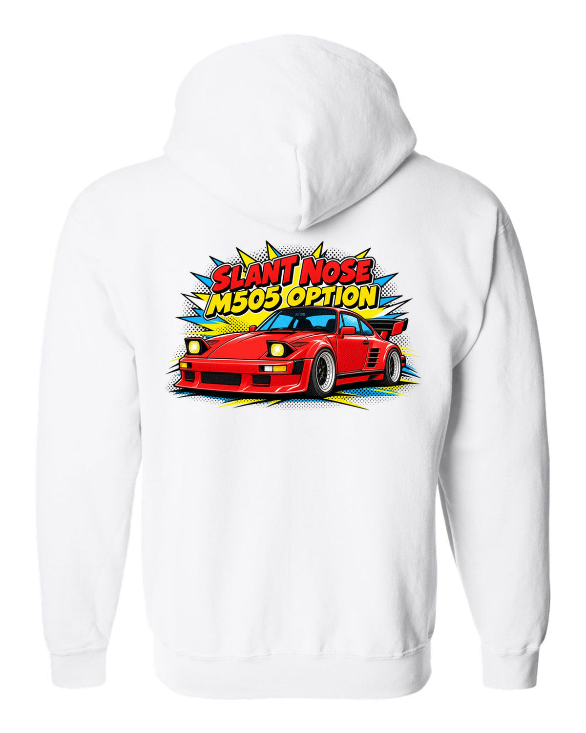 Porsche 930 Slant Nose pop-art halftone design with M505 option lettering white zip hoodie back view with the design