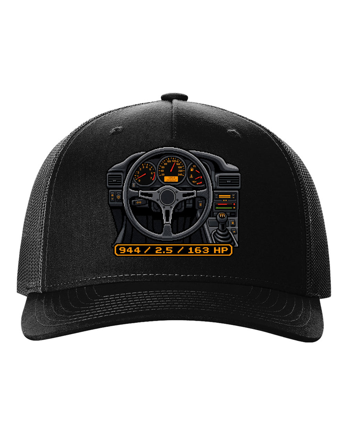 Dot-matrix pixel art of a Porsche 944 styled like a digital dash display black hat front view with the design
