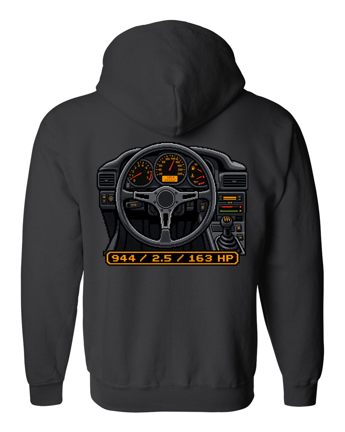 Dot-matrix pixel art of a Porsche 944 styled like a digital dash display black zip hoodie back view with the design