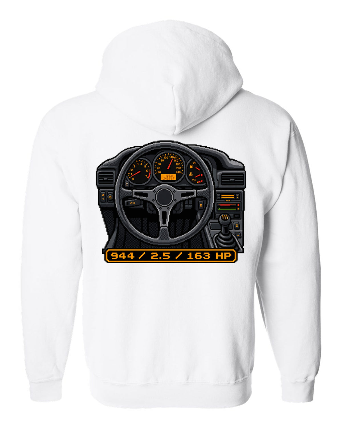 Dot-matrix pixel art of a Porsche 944 styled like a digital dash display white zip hoodie back view with the design