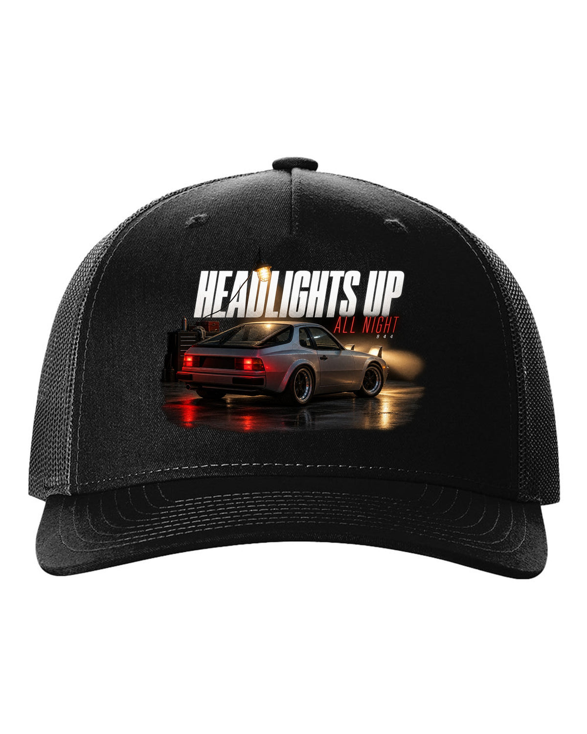 Garage night print of an early Porsche 944 with pop-up headlights raised black hat front view with the design
