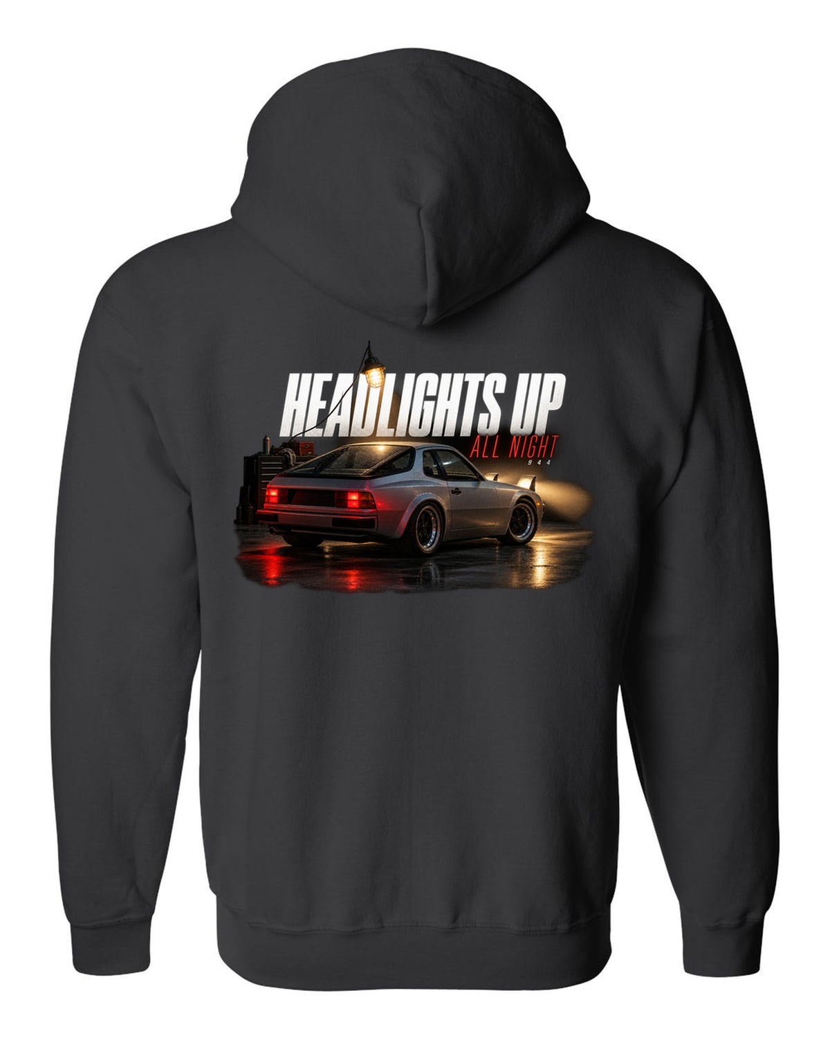 Garage night print of an early Porsche 944 with pop-up headlights raised black zip hoodie back view with the design