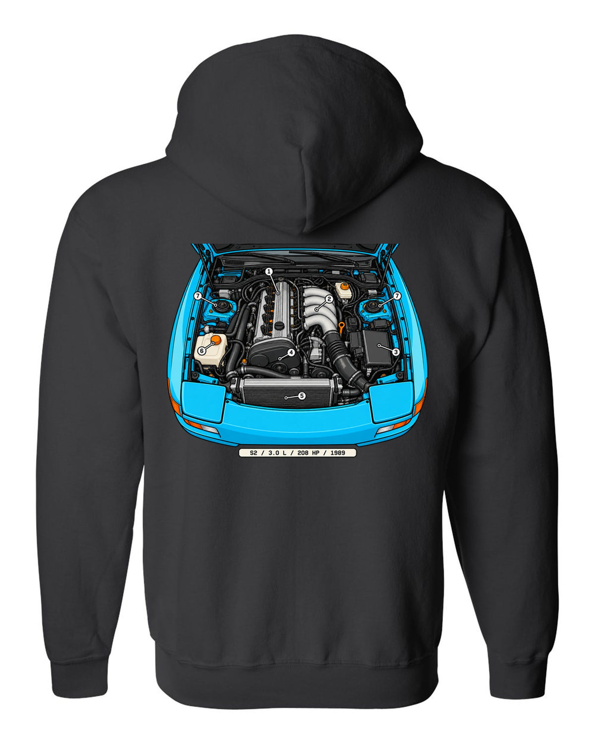 Technical callout diagram of the Porsche 944 S2 engine bay black zip hoodie back view with the design