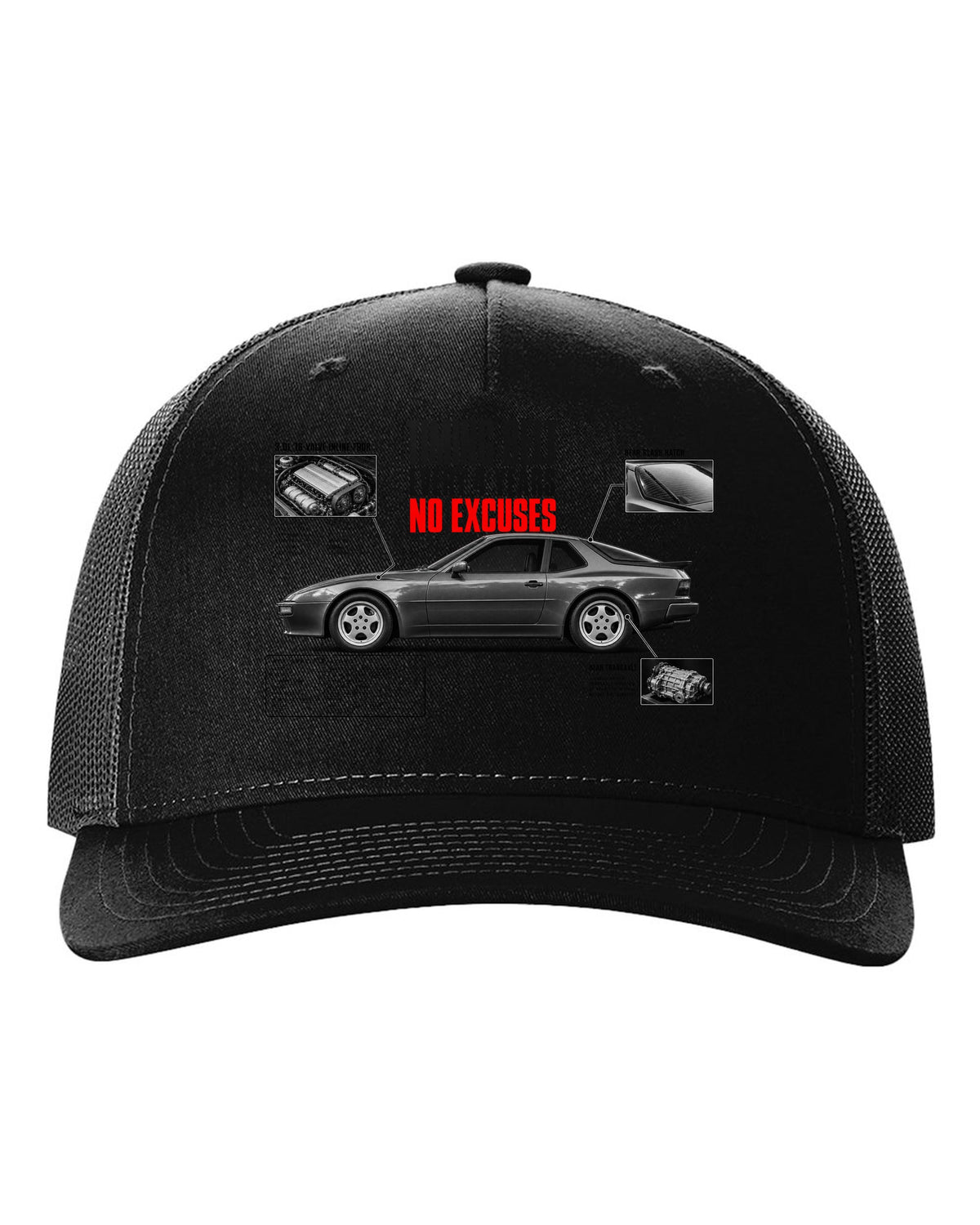 Spec poster print for a Porsche 944 S2 with a timing belt every 4 years caption black hat front view with the design