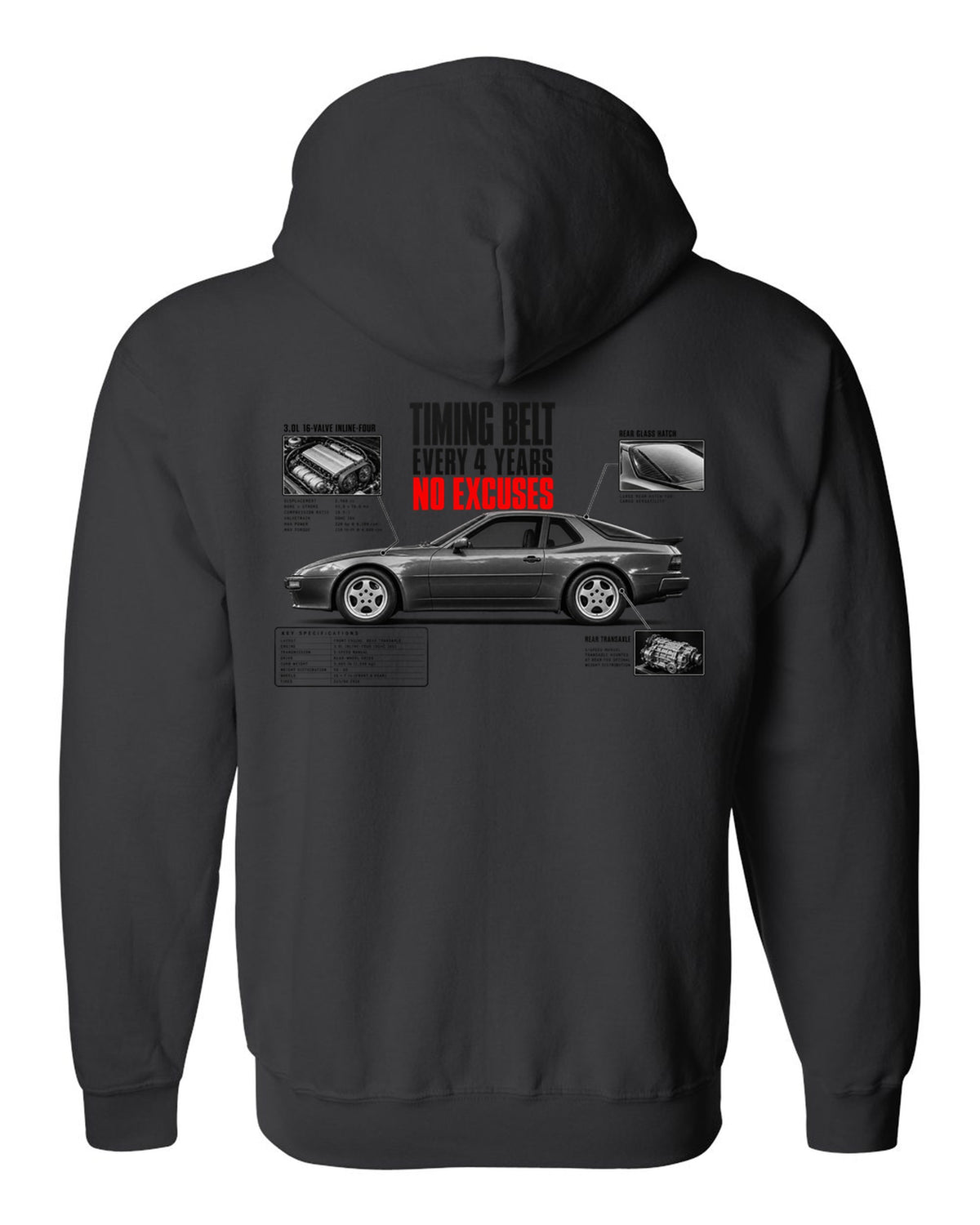 Spec poster print for a Porsche 944 S2 with a timing belt every 4 years caption black zip hoodie back view with the design