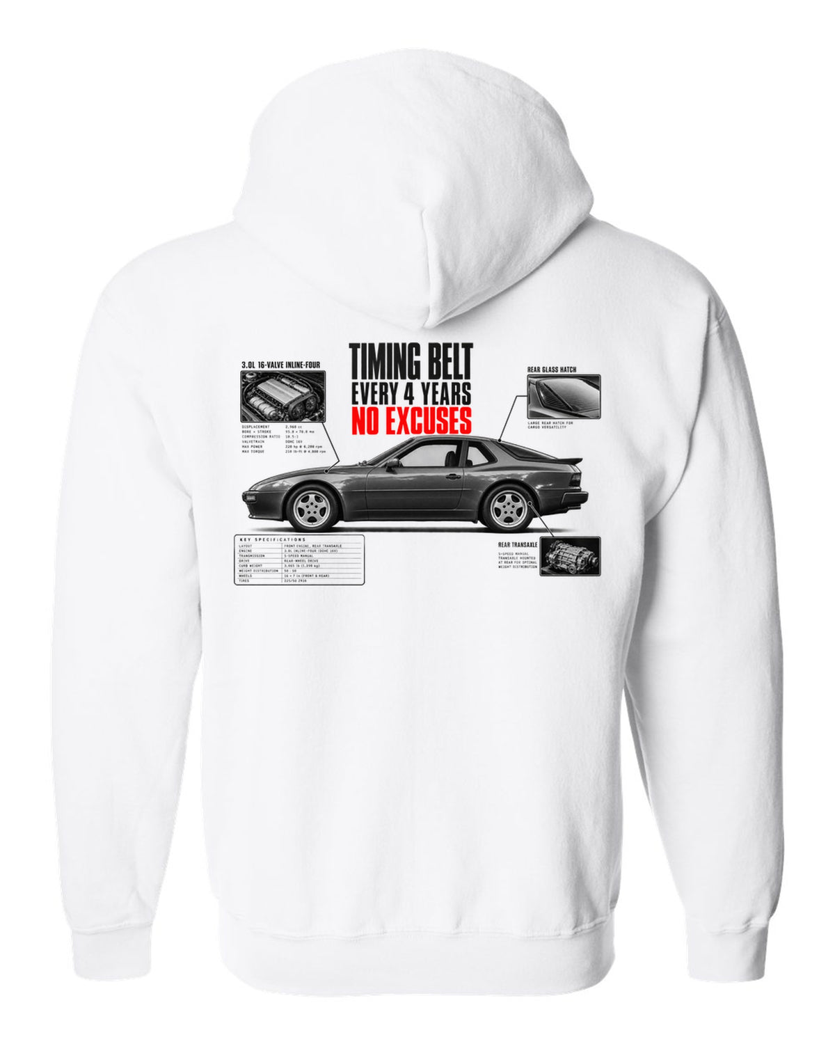 Spec poster print for a Porsche 944 S2 with a timing belt every 4 years caption white zip hoodie back view with the design