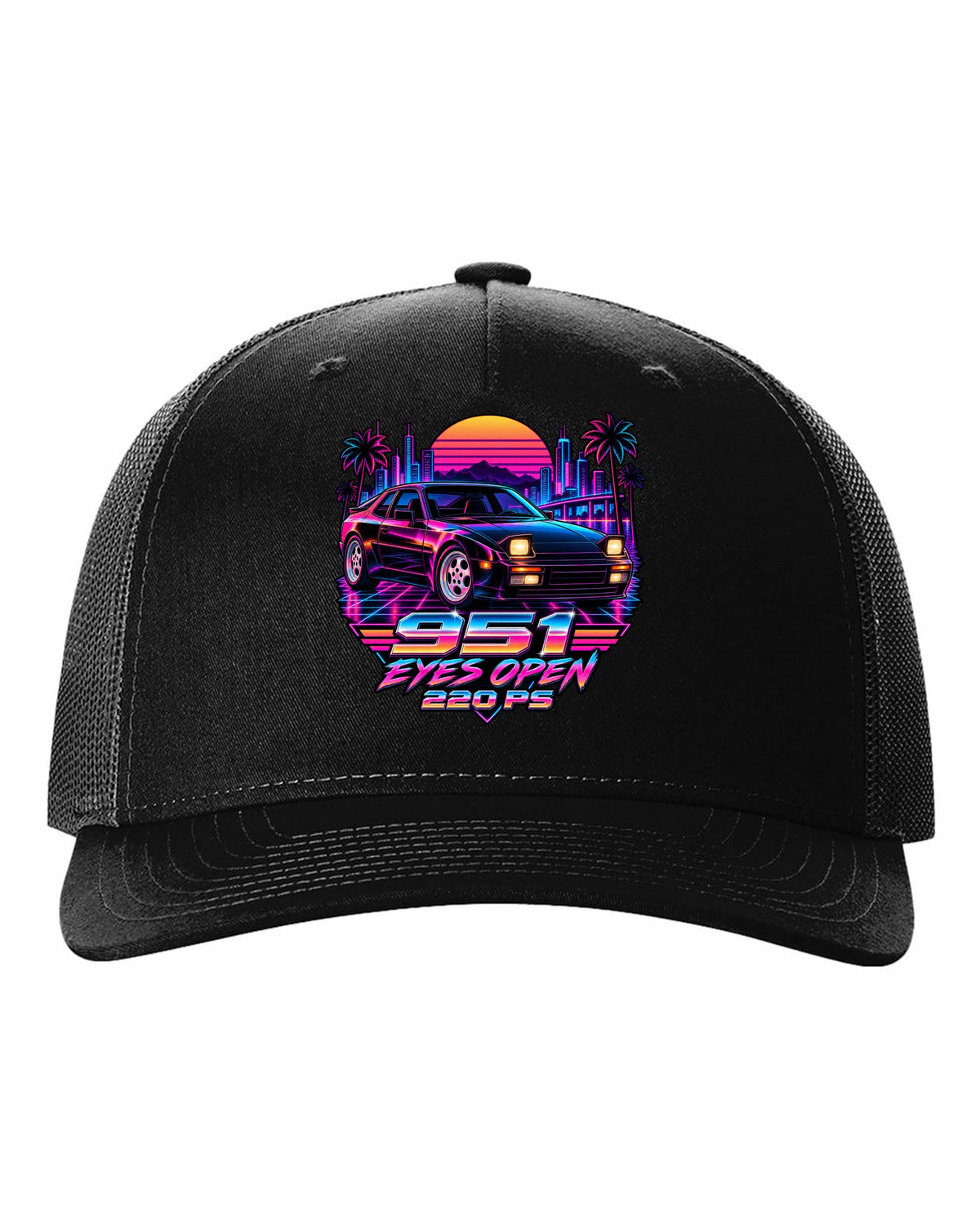 Synthwave neon Porsche 944 Turbo 951 with pop-up headlights open black hat front view with the design