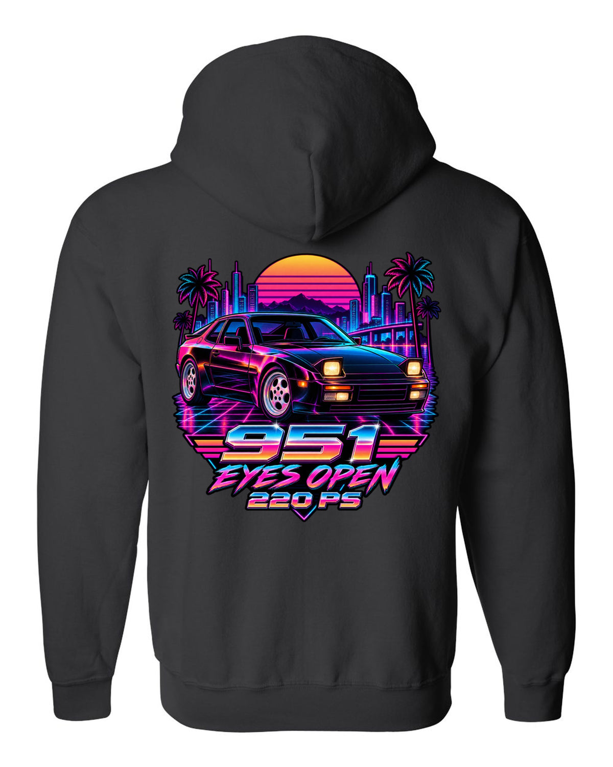 Synthwave neon Porsche 944 Turbo 951 with pop-up headlights open black zip hoodie back view with the design