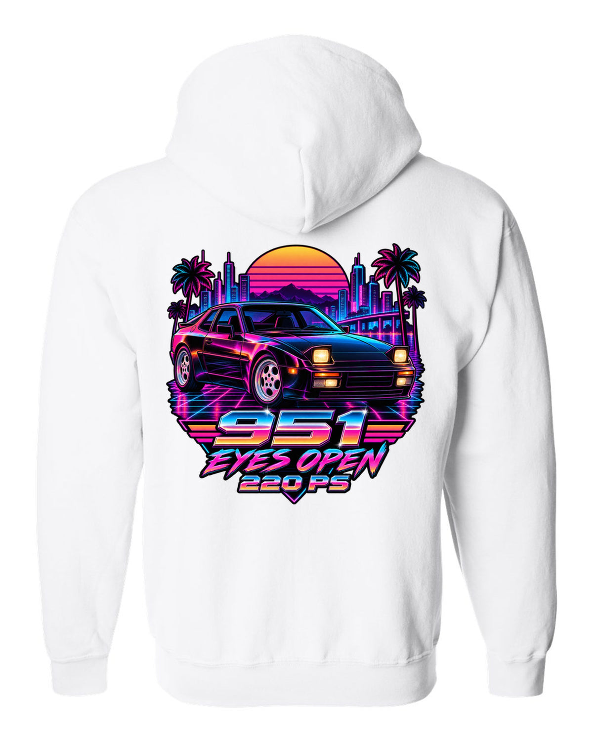 Synthwave neon Porsche 944 Turbo 951 with pop-up headlights open white zip hoodie back view with the design