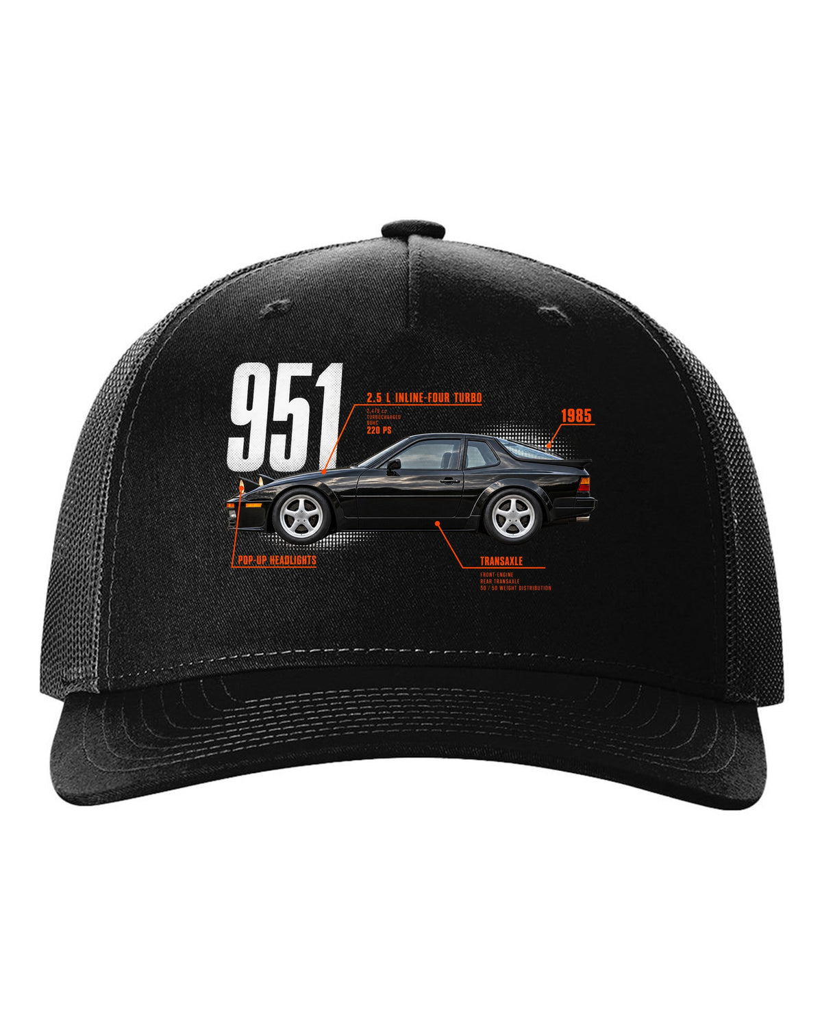 Spec poster print of a Porsche 944 Turbo 951 with 2.5 L turbo four, transaxle and pop-up headlights lettering black hat front view with the design