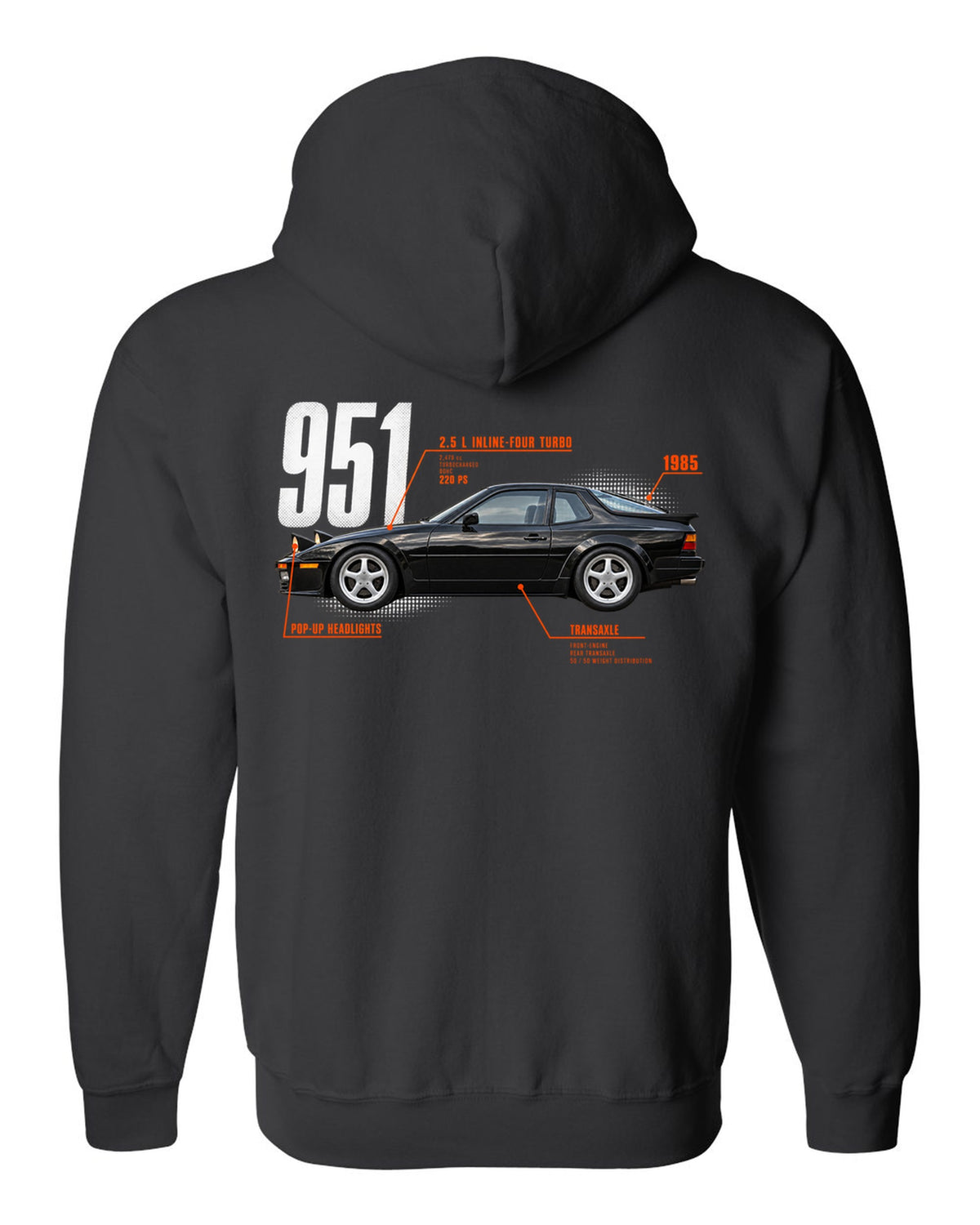 Spec poster print of a Porsche 944 Turbo 951 with 2.5 L turbo four, transaxle and pop-up headlights lettering black zip hoodie back view with the design