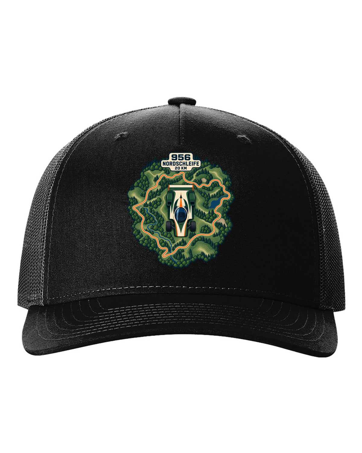 Topographic route map of the Nordschleife with Porsche 956 lettering black hat front view with the design
