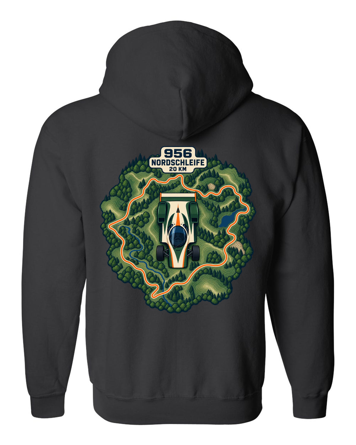 Topographic route map of the Nordschleife with Porsche 956 lettering black zip hoodie back view with the design