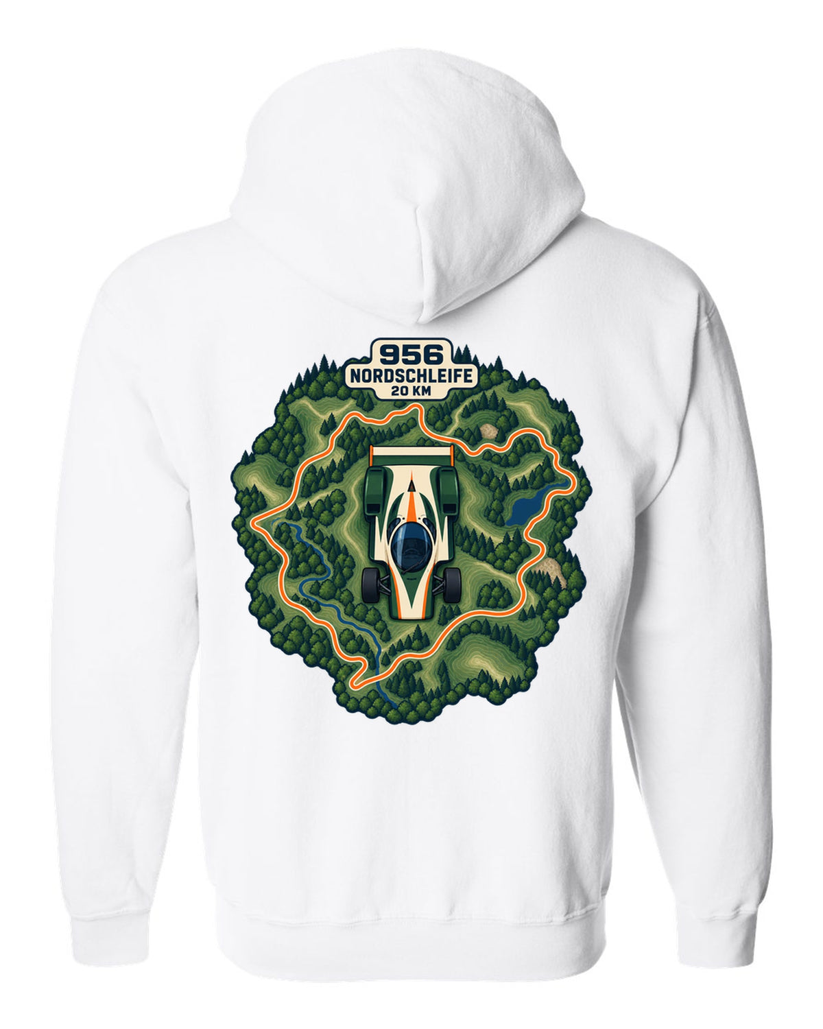 Topographic route map of the Nordschleife with Porsche 956 lettering white zip hoodie back view with the design