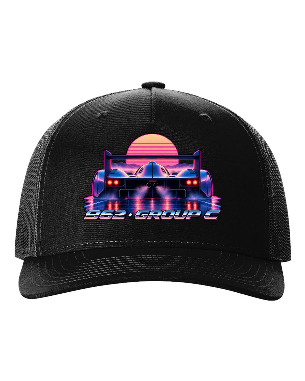 Synthwave gradient print of a Porsche 962 Group C long tail in dawn mist black hat front view with the design