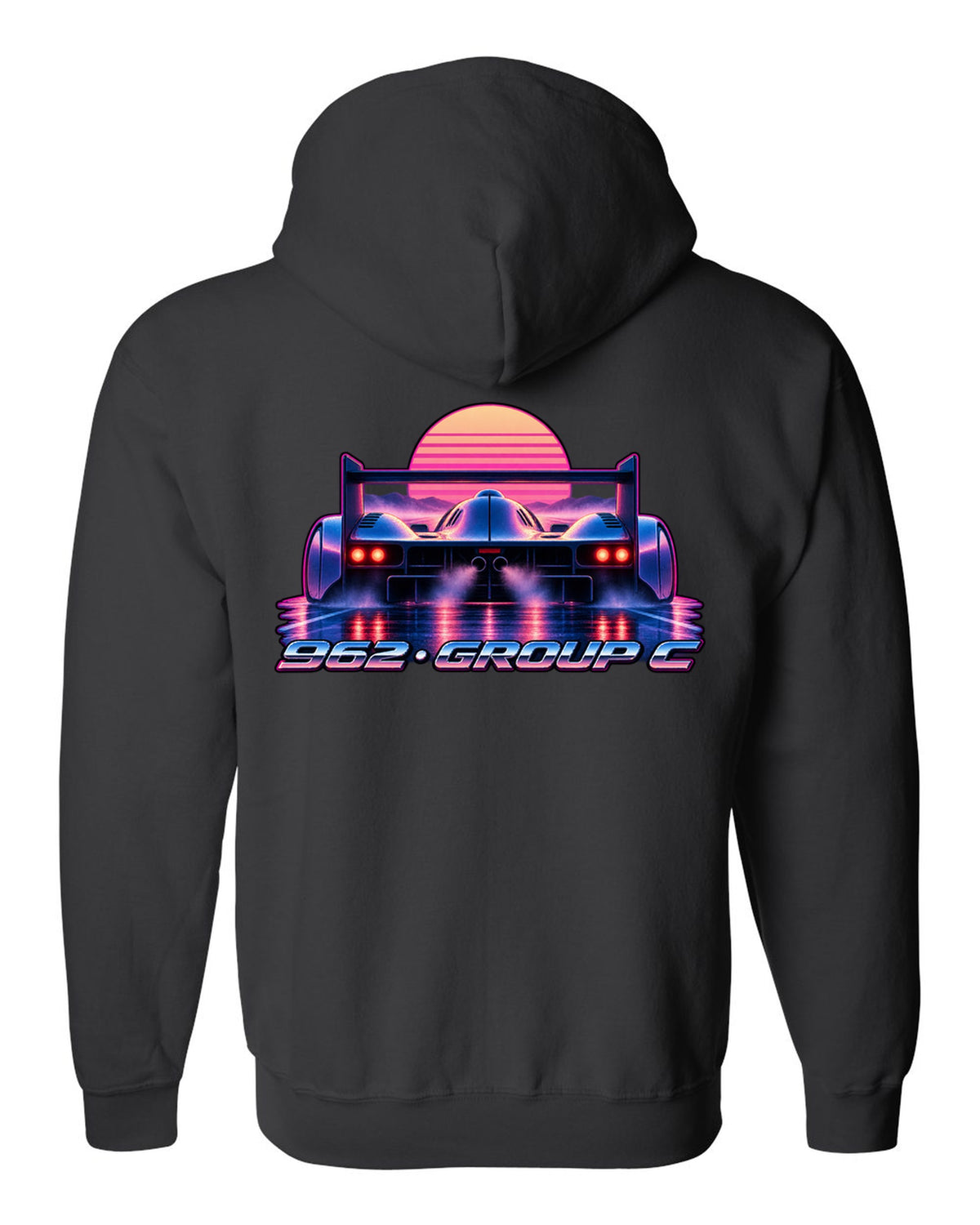 Synthwave gradient print of a Porsche 962 Group C long tail in dawn mist black zip hoodie back view with the design