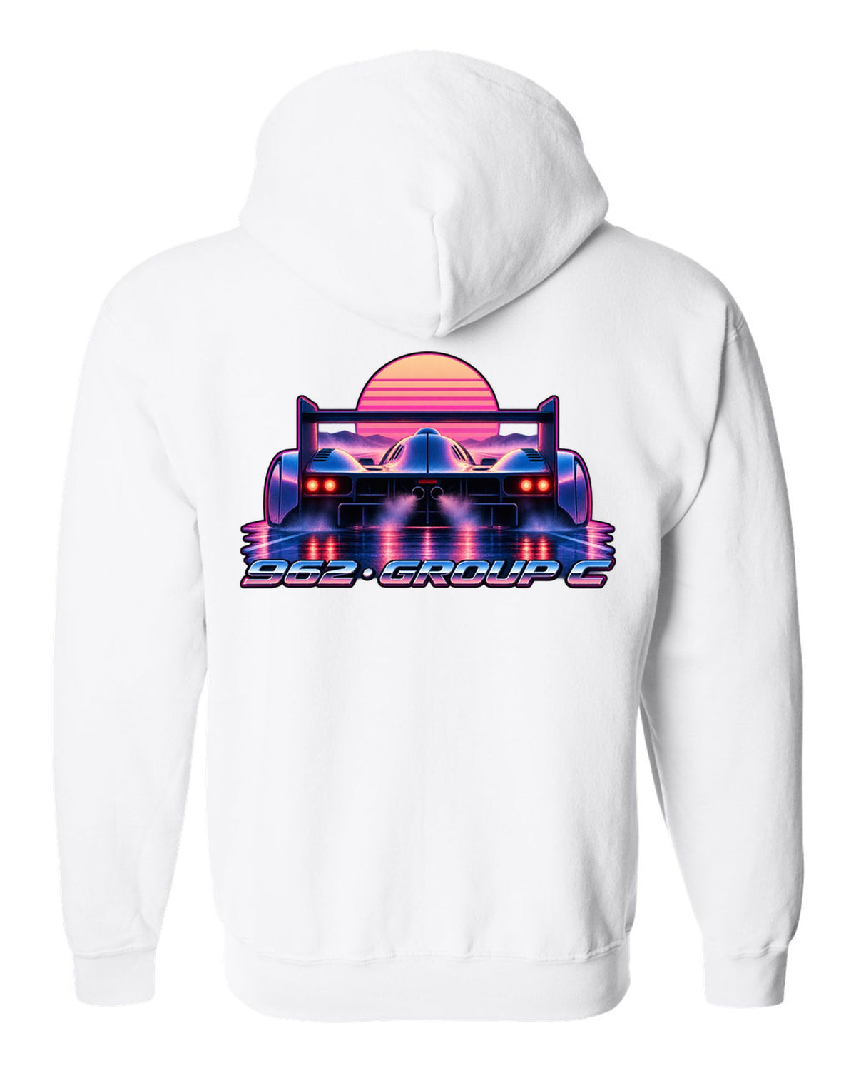 Synthwave gradient print of a Porsche 962 Group C long tail in dawn mist white zip hoodie back view with the design