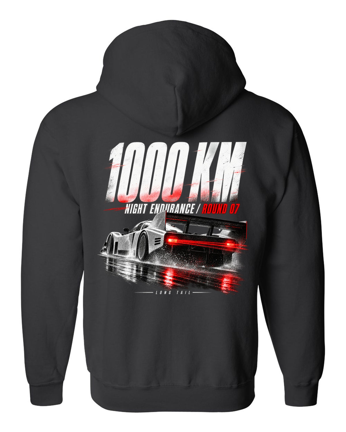 Porsche 962 Group C night endurance race poster print black zip hoodie back view with the design