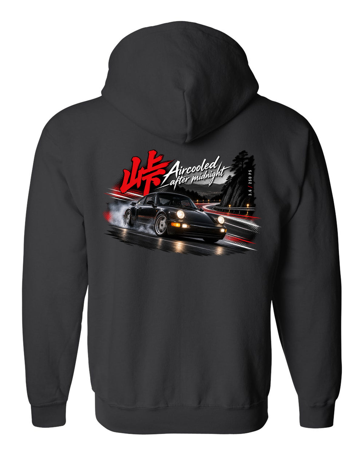 Touge night print of a Porsche 911 Carrera 2 (964) with the line Aircooled after midnight black zip hoodie back view with the design