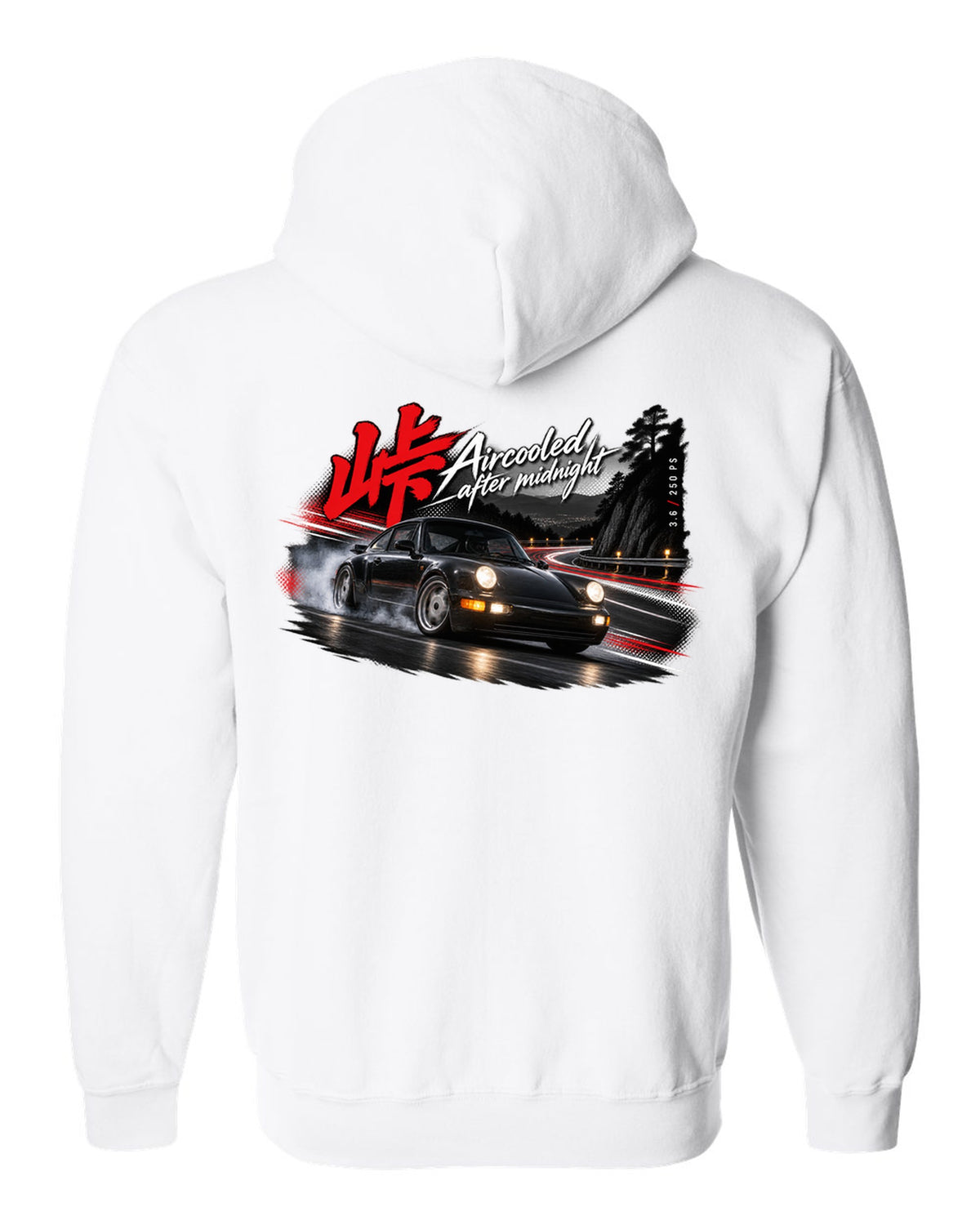 Touge night print of a Porsche 911 Carrera 2 (964) with the line Aircooled after midnight white zip hoodie back view with the design