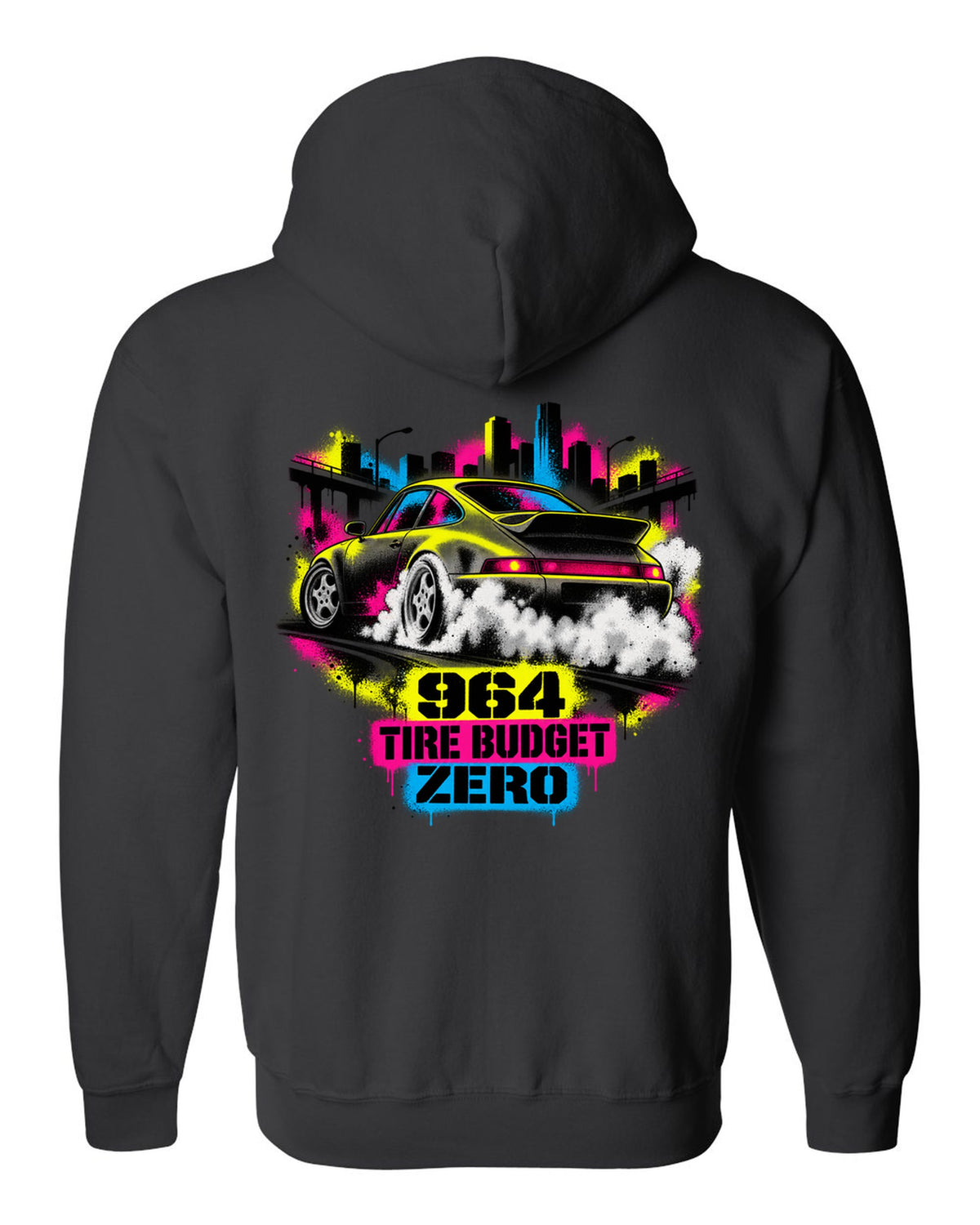Street-art stencil print of a Porsche 911 Carrera 4 964 with the text 964, tire budget, zero black zip hoodie back view with the design