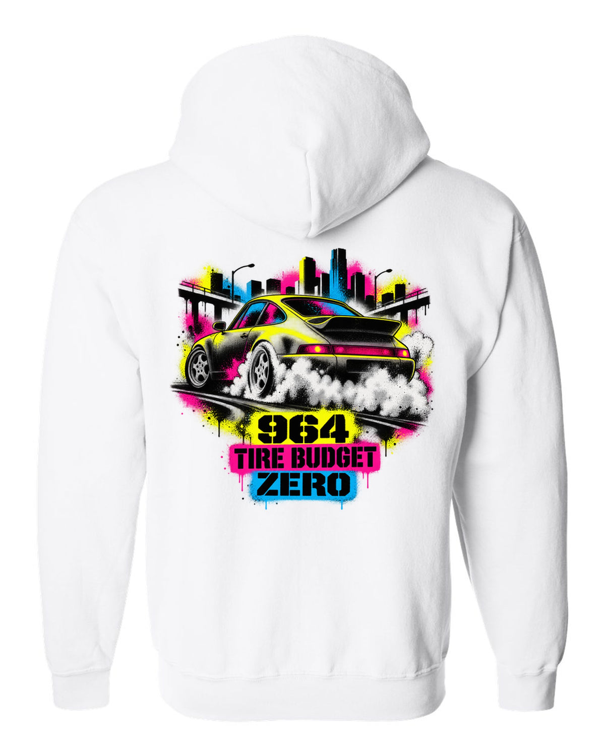 Street-art stencil print of a Porsche 911 Carrera 4 964 with the text 964, tire budget, zero white zip hoodie back view with the design