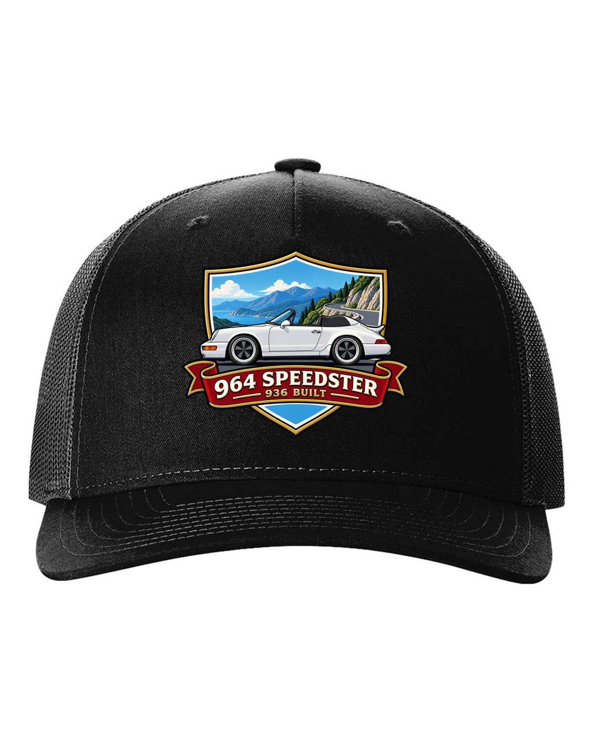 Shield crest design for the Porsche 964 Speedster with 936 built lettering black hat front view with the design