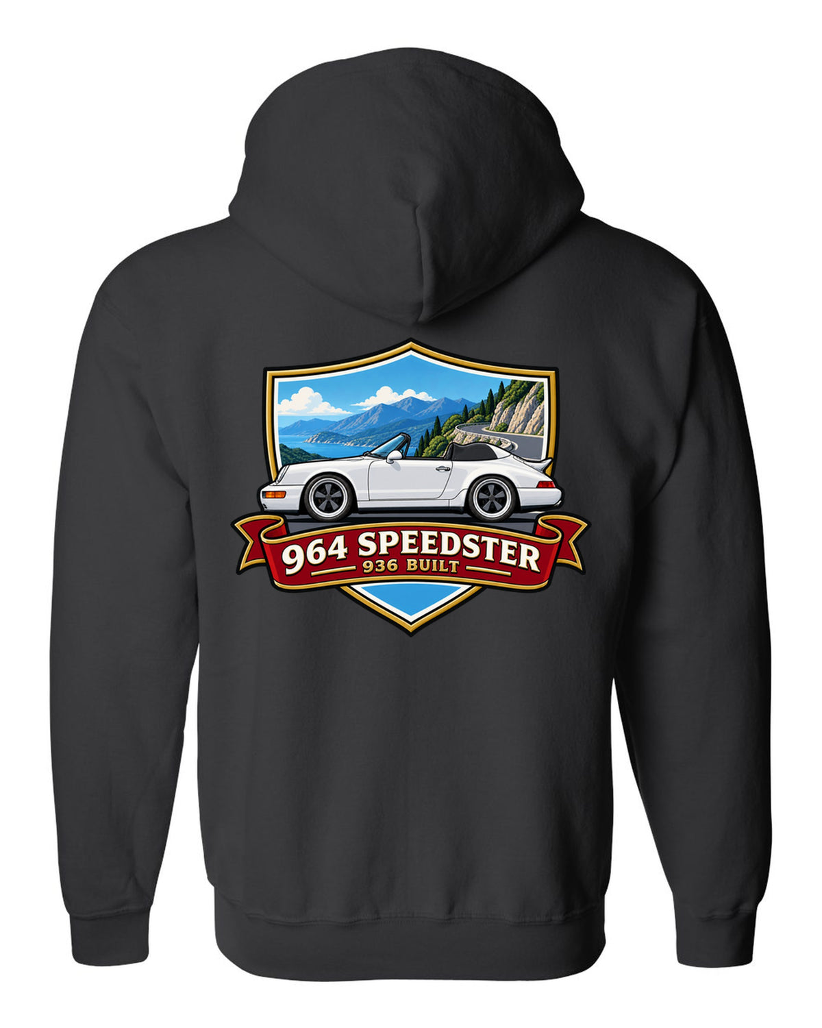 Shield crest design for the Porsche 964 Speedster with 936 built lettering black zip hoodie back view with the design