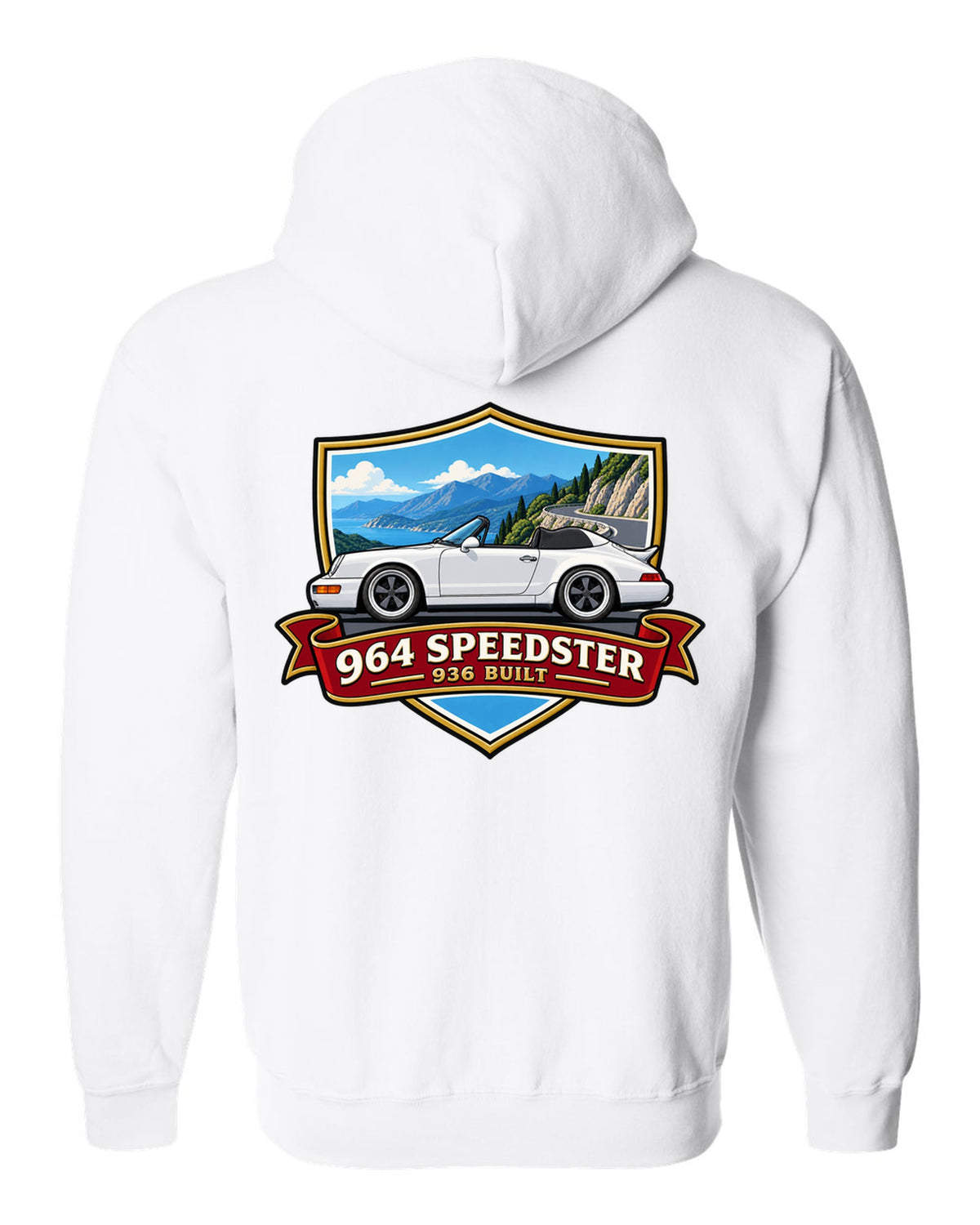 Shield crest design for the Porsche 964 Speedster with 936 built lettering white zip hoodie back view with the design
