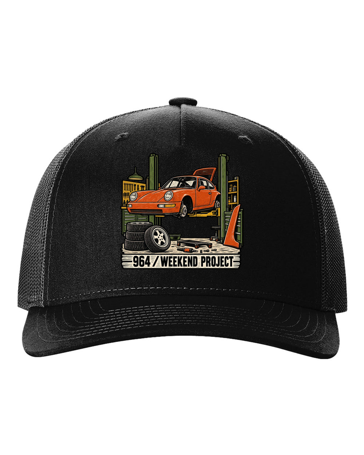 Linocut-style print of a Porsche 911 964 outlaw build with the text 964 Weekend Project black hat front view with the design