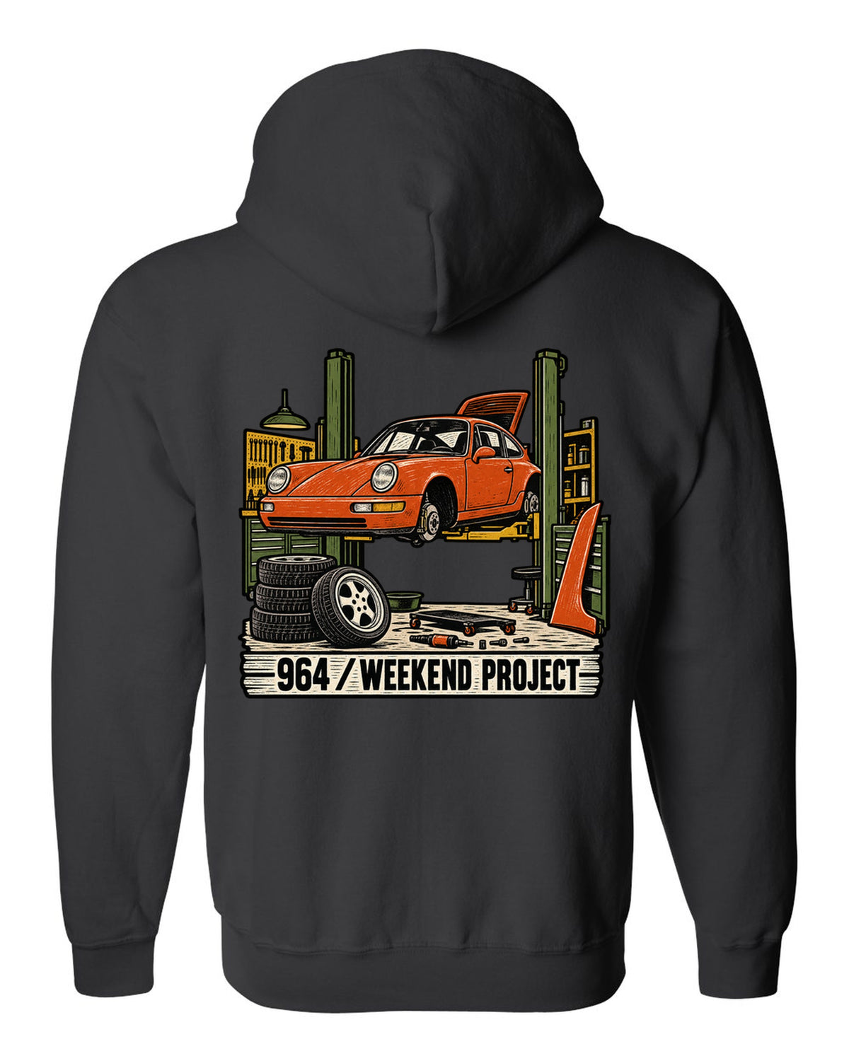 Linocut-style print of a Porsche 911 964 outlaw build with the text 964 Weekend Project black zip hoodie back view with the design