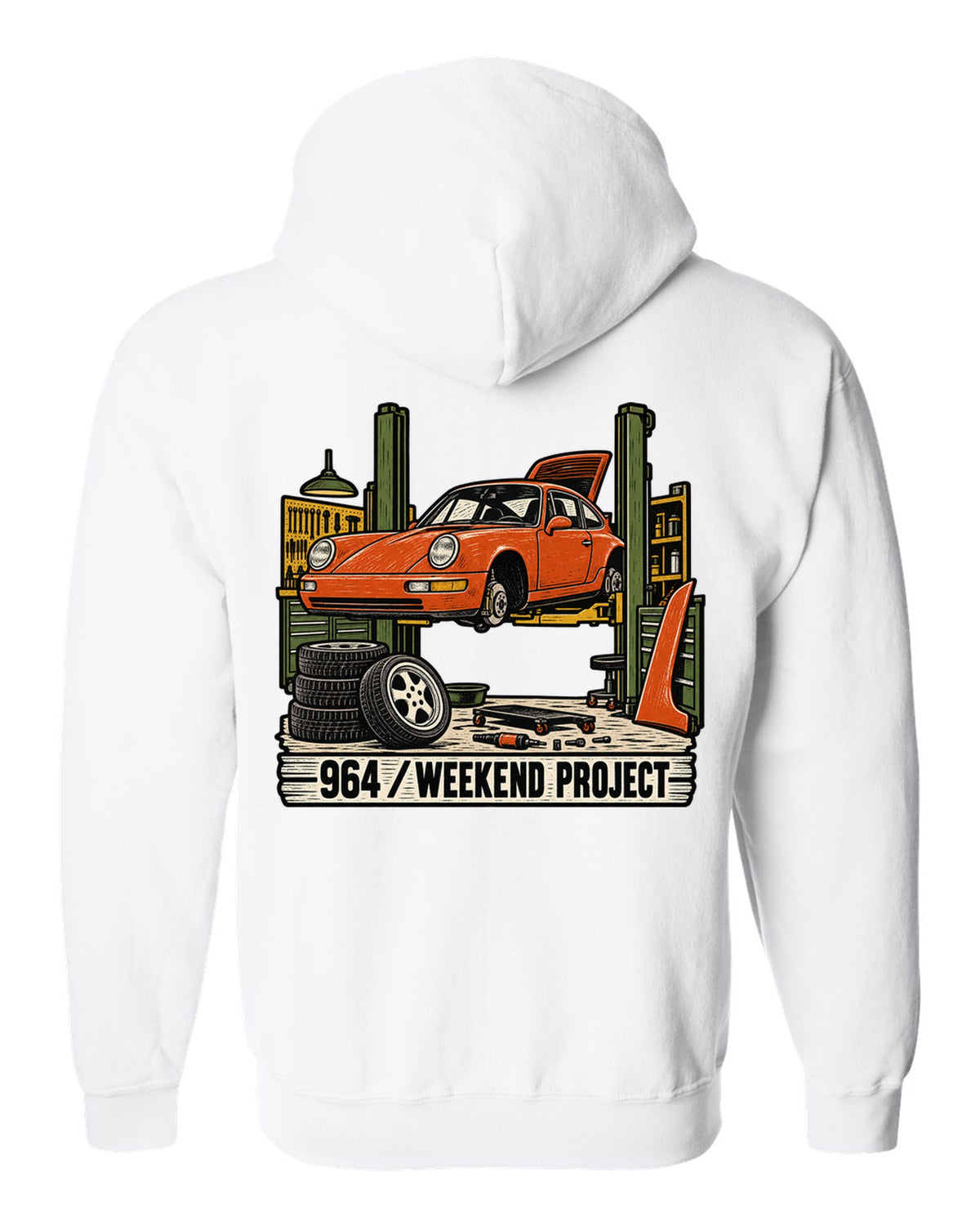 Linocut-style print of a Porsche 911 964 outlaw build with the text 964 Weekend Project white zip hoodie back view with the design