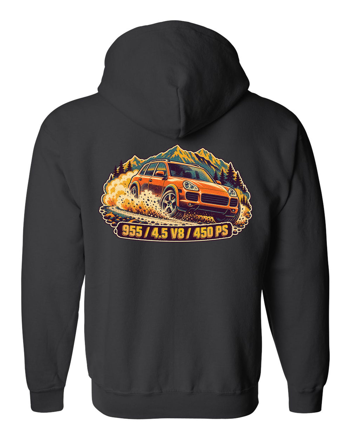 Retro manga halftone print of a Porsche Boxster Spyder 981 taillight with the text 981, 3.8 and 375 PS black zip hoodie back view with the design