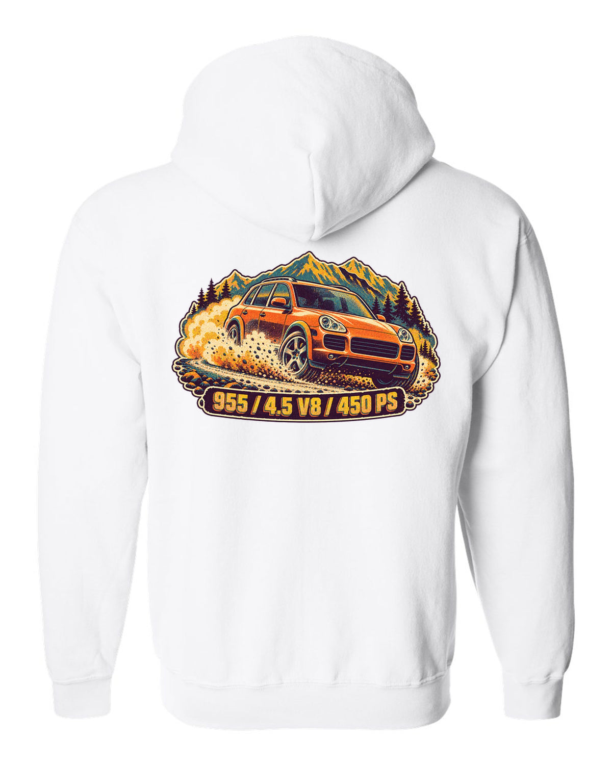 Retro manga halftone print of a Porsche Boxster Spyder 981 taillight with the text 981, 3.8 and 375 PS white zip hoodie back view with the design